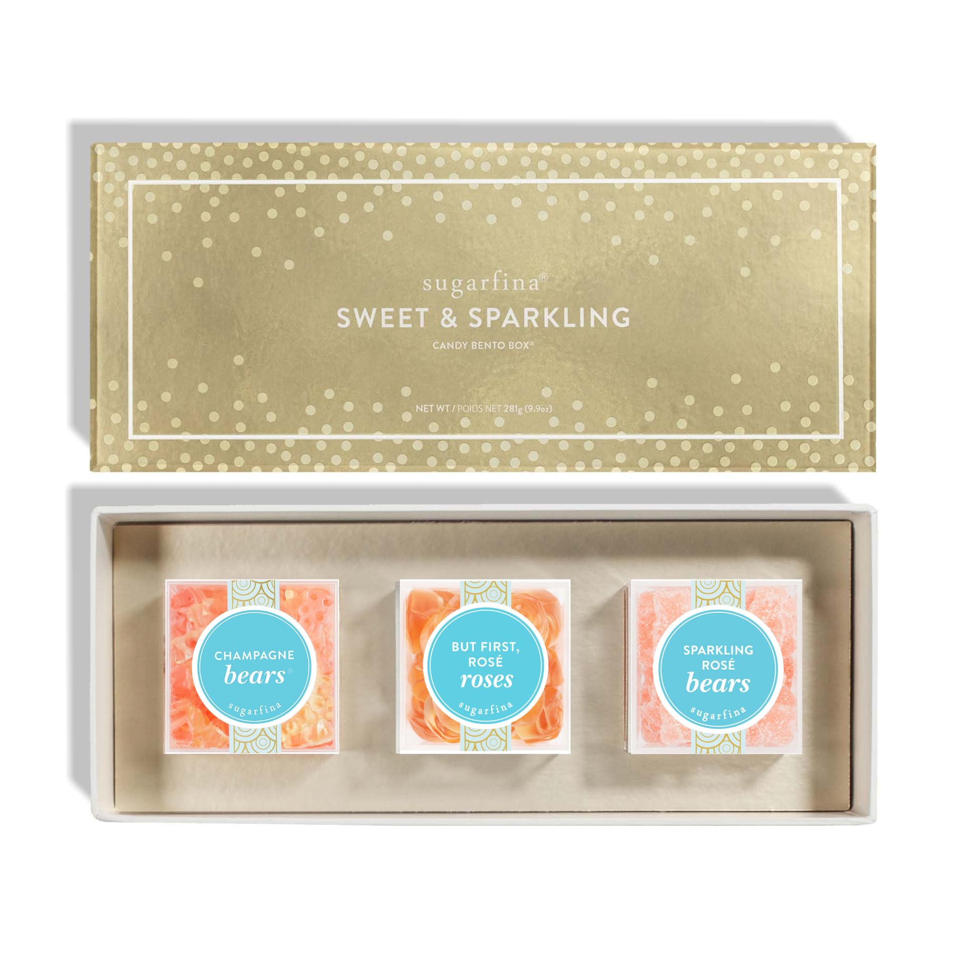 Sugarfina Sweet & Sparkling 3 Piece Candy Bento Box | Champagne Bears, But First, Rosé Roses, Sparkling Rosé Bears