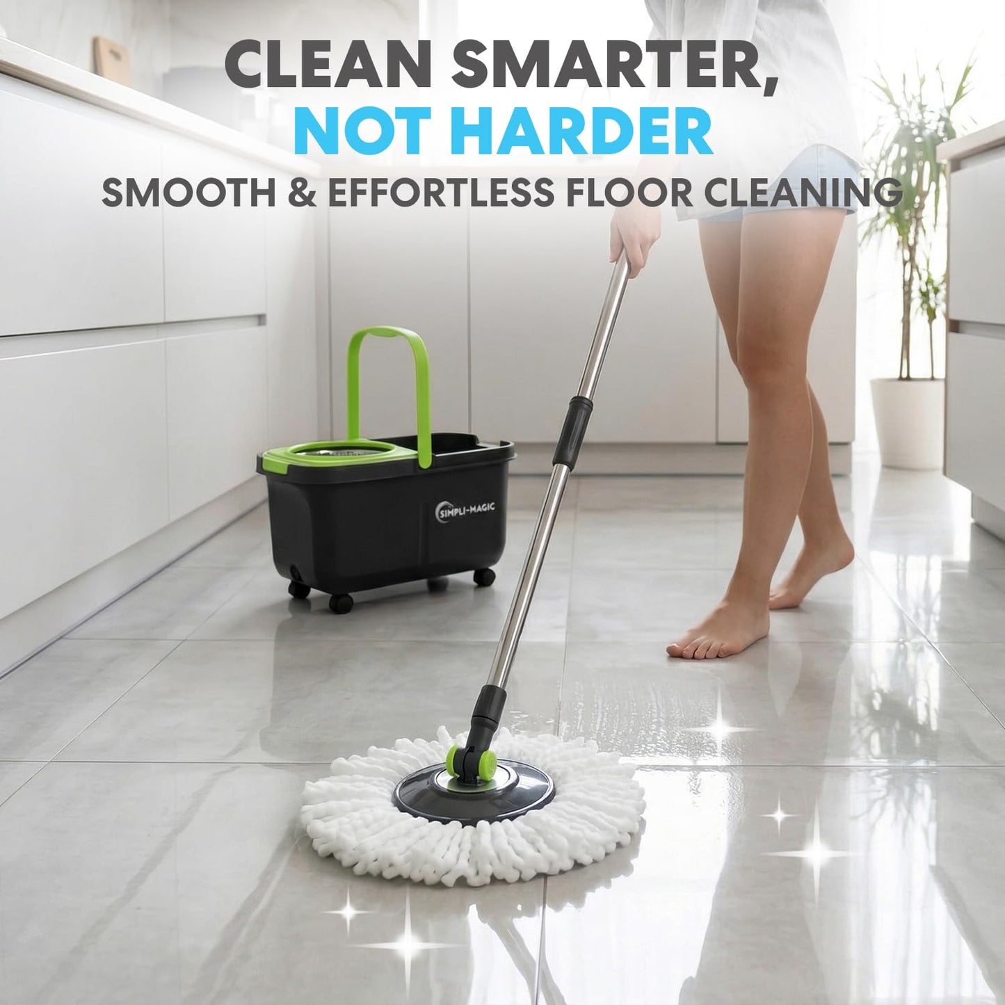 Simpli-Magic 360° Spin Mop and Bucket with Wringer - 3 High-Absorbent Microfiber Washable Heads, Soap Dispenser - Spinning Mop and Bucket Set for All