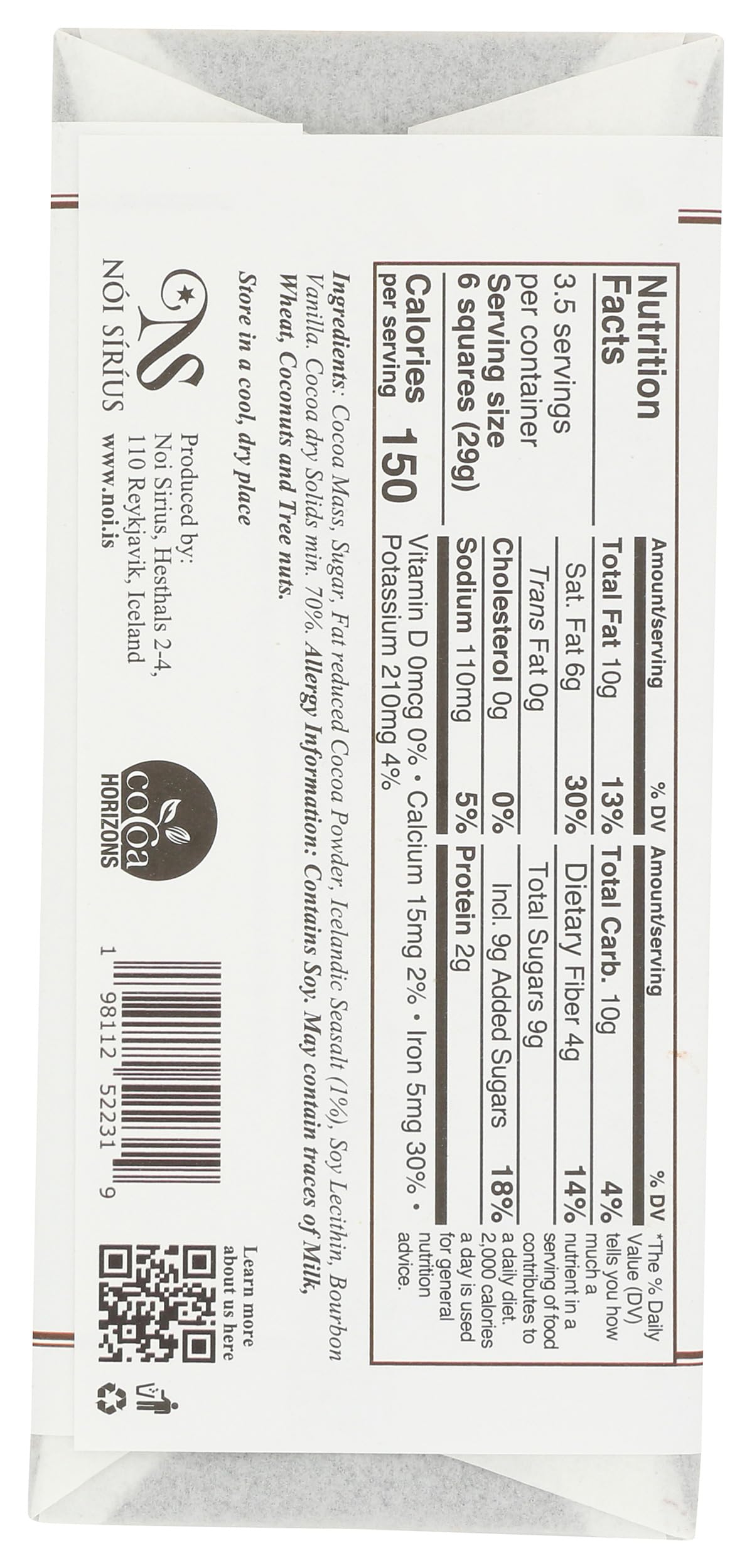 NOI SIRIUS, Sea Salt 70% Dark Chocolate Bar, 3.53 Ounce