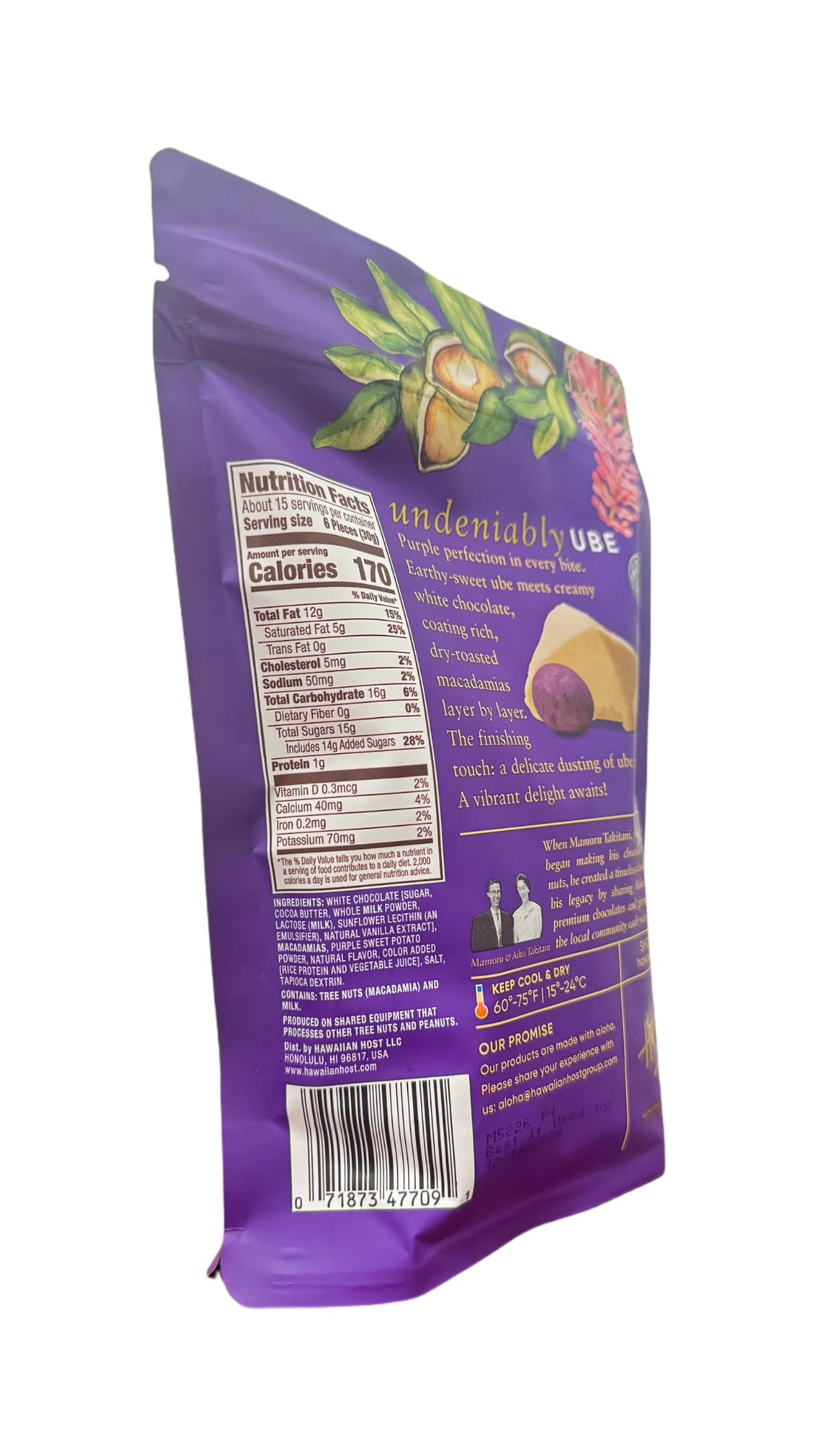 Hawaiian Host Ube White Chocolate Macadamia Nuts, Creamy White Chocolate with Ube Powder, Premium Hawaiian Candy, Resealable 16 oz Bag