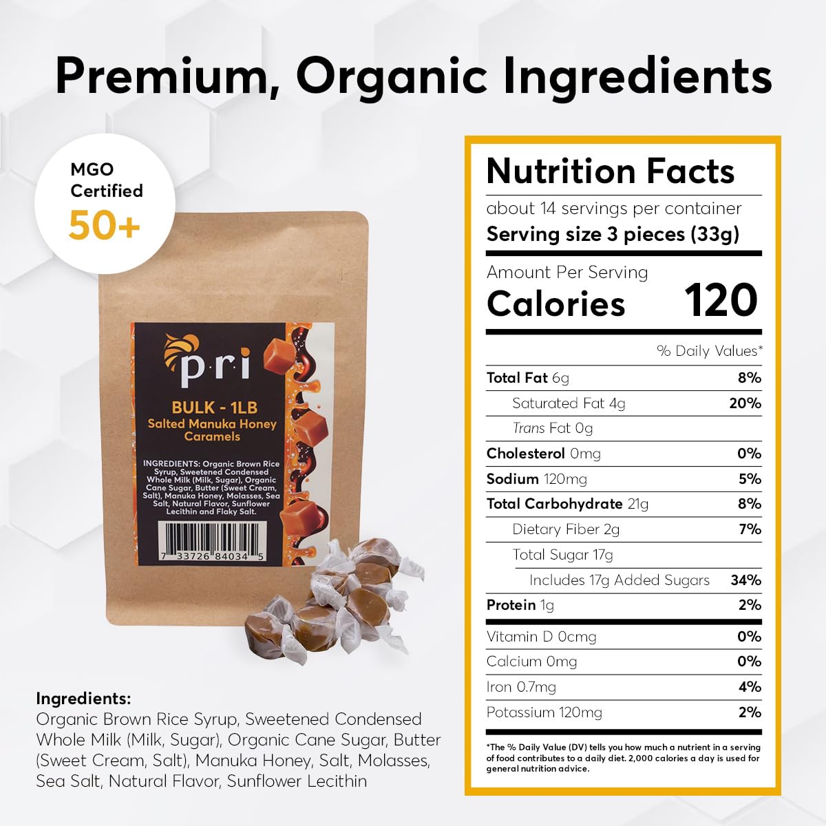 P.R.I Manuka Honey Salted Caramels - 1 lb Bulk Bag - Soft Chewy Caramels Made with New Zealand Manuka Honey & Sea Salt - Clean?Label, No Corn Syrup