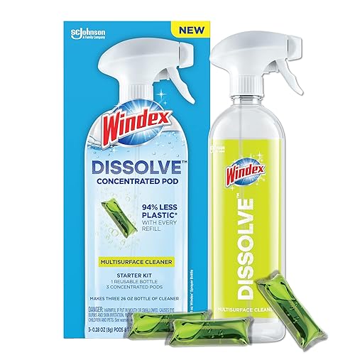 Windex Dissolve Concentrated Pods, Multisurface Cleaner Starter Kit contains 1 Reusable Bottle, 3 Concentrated Dissolvable Pods