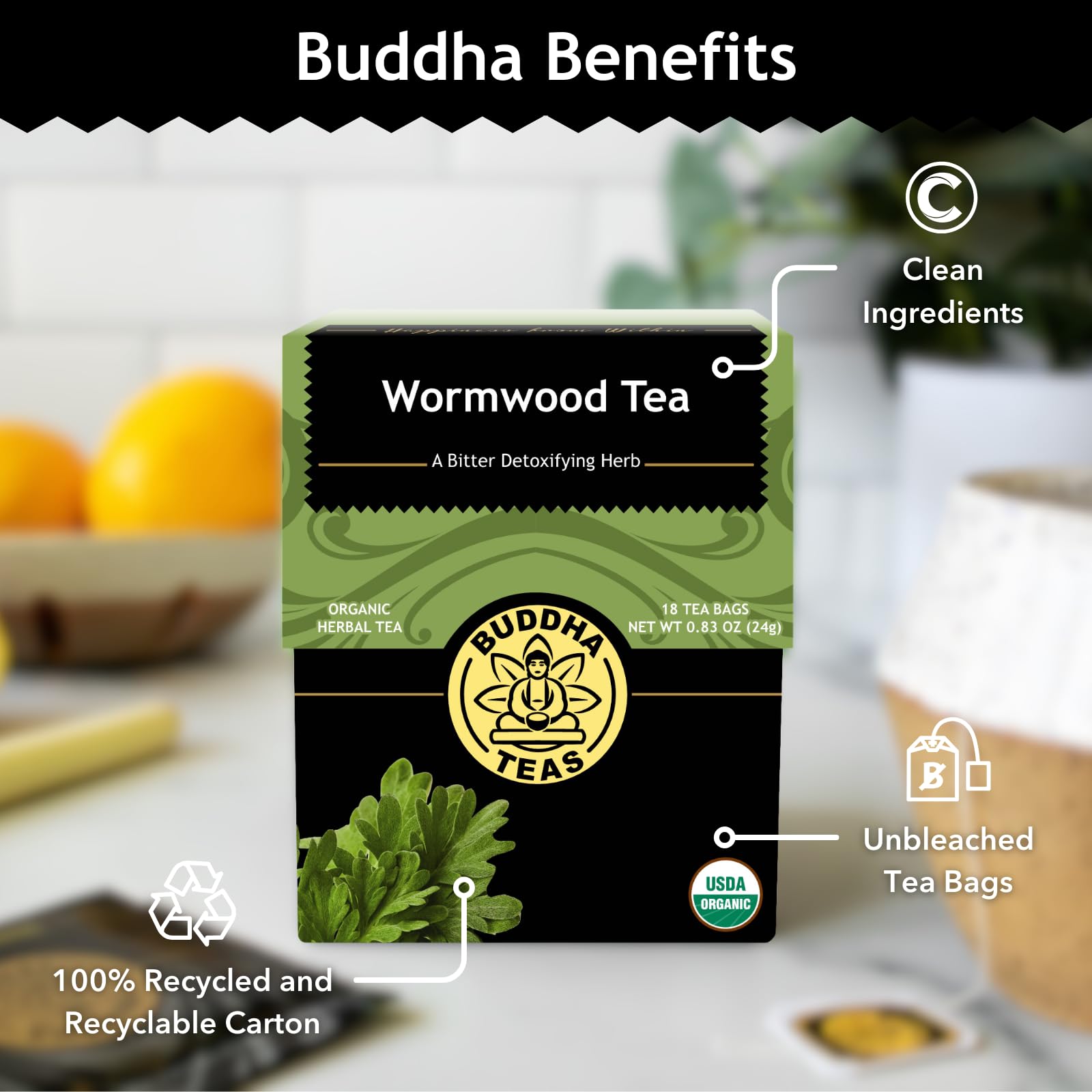Buddha Teas - Organic Wormwood Tea - Herbal Tea - For Health & Wellbeing - With Antioxidants & Minerals - Clean Ingredients - Caffeine Free - OU