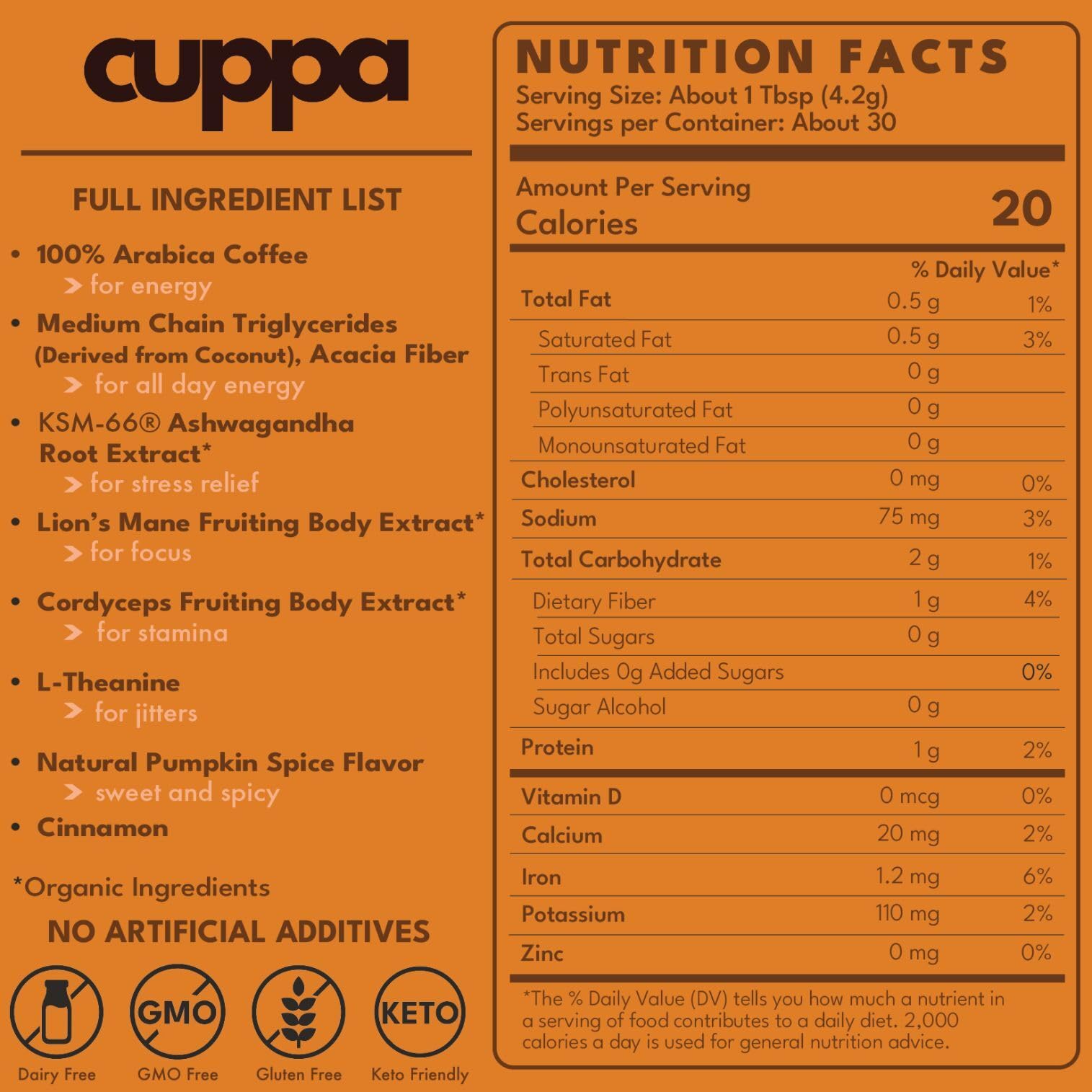 Cuppa Pumpkin Spice Mushroom Coffee with Adaptogens & Superfoods - Lion’s Mane, Ashwagandha & Cordyceps. Adaptogens + MCT to support natural energy