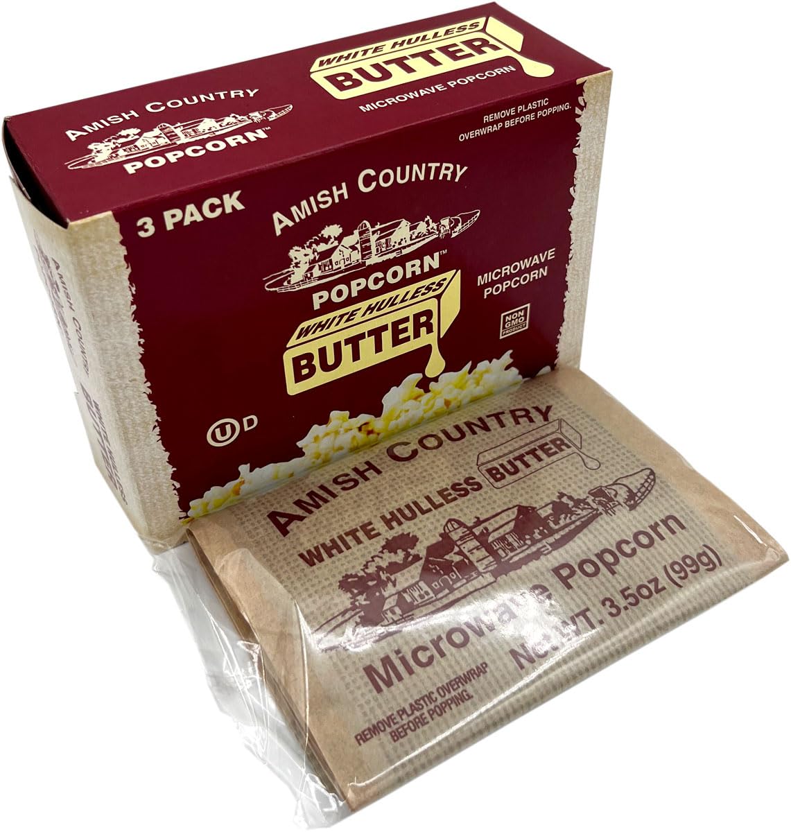 Amish Country Popcorn | Old Fashioned Microwave Popcorn | Medium White 3 Pack Butter | Non-GMO, Gluten Free, Microwaveable and Kosher (3 Bags)