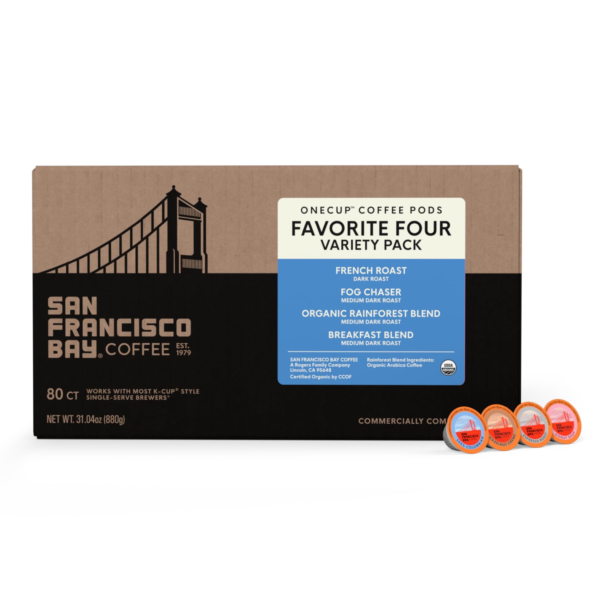 San Francisco Bay K-Cup Coffee Pods Favorite Four Variety Pack (80 ct), Includes French Roast, Fog Chaser, Organic Rainforest, & Breakfast Blend