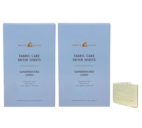 Bath & Body Works Sundrenched Linen Fabric Care Dryer Sheets - 2 Boxes (80 Sheets Total) - with a Natural Oats Sample Soap