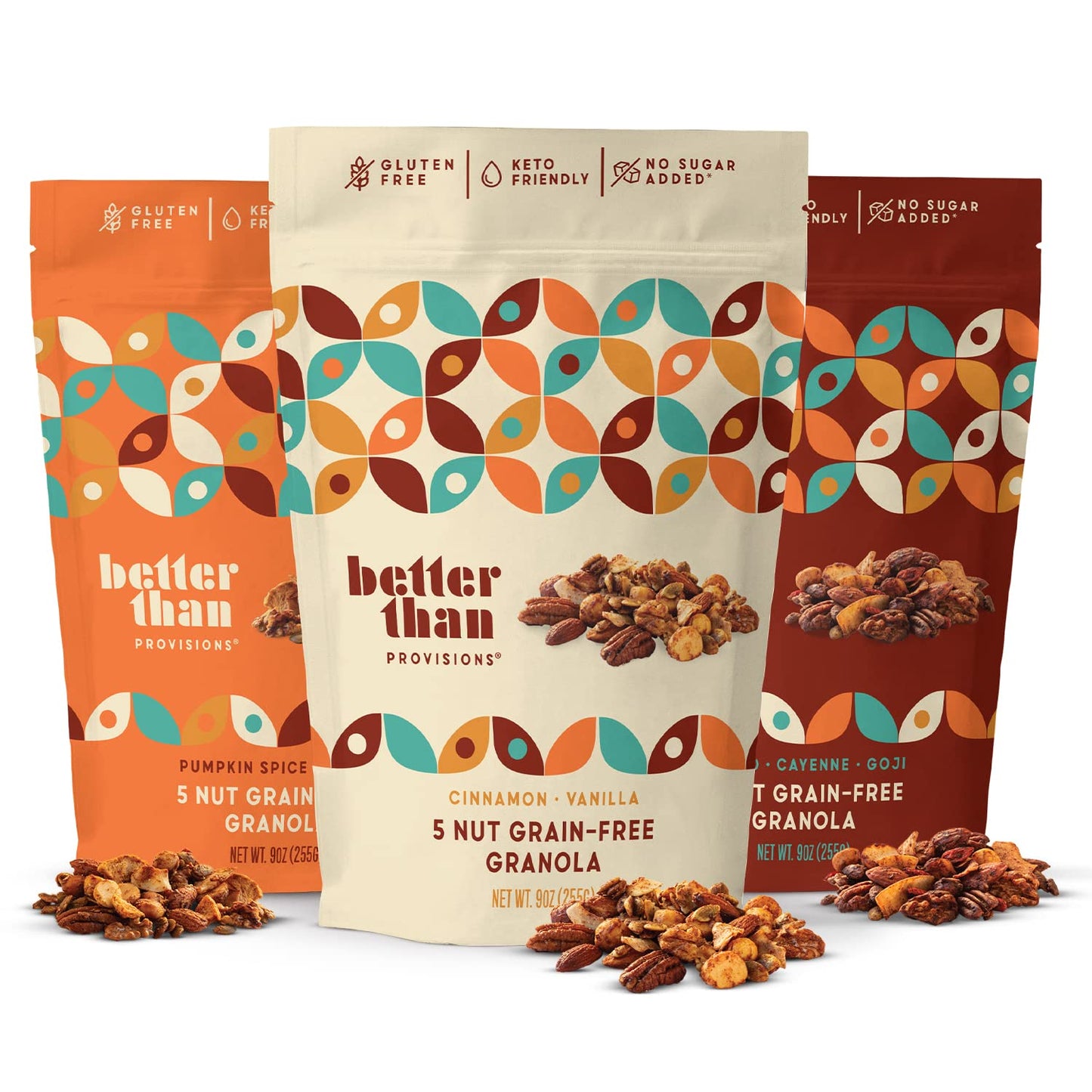 Better Than Provisions 5 Nut Grain-Free Granola, Keto Food, Combo Pack Cinnamon Vanilla, Pumpkin Spice Apple, Cacao Cayenne Goji, 5-Nut Blend, Pumpkin
