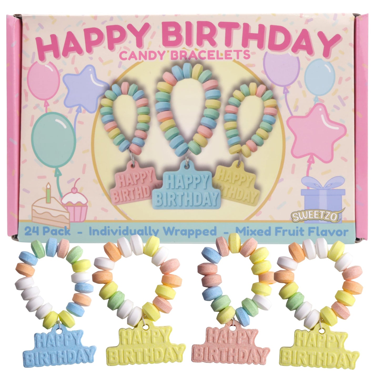 Happy Birthday Candy Bracelets, Individually Wrapped Bulk Party Favors, 24 Pieces Inside, 10.16 Ounces