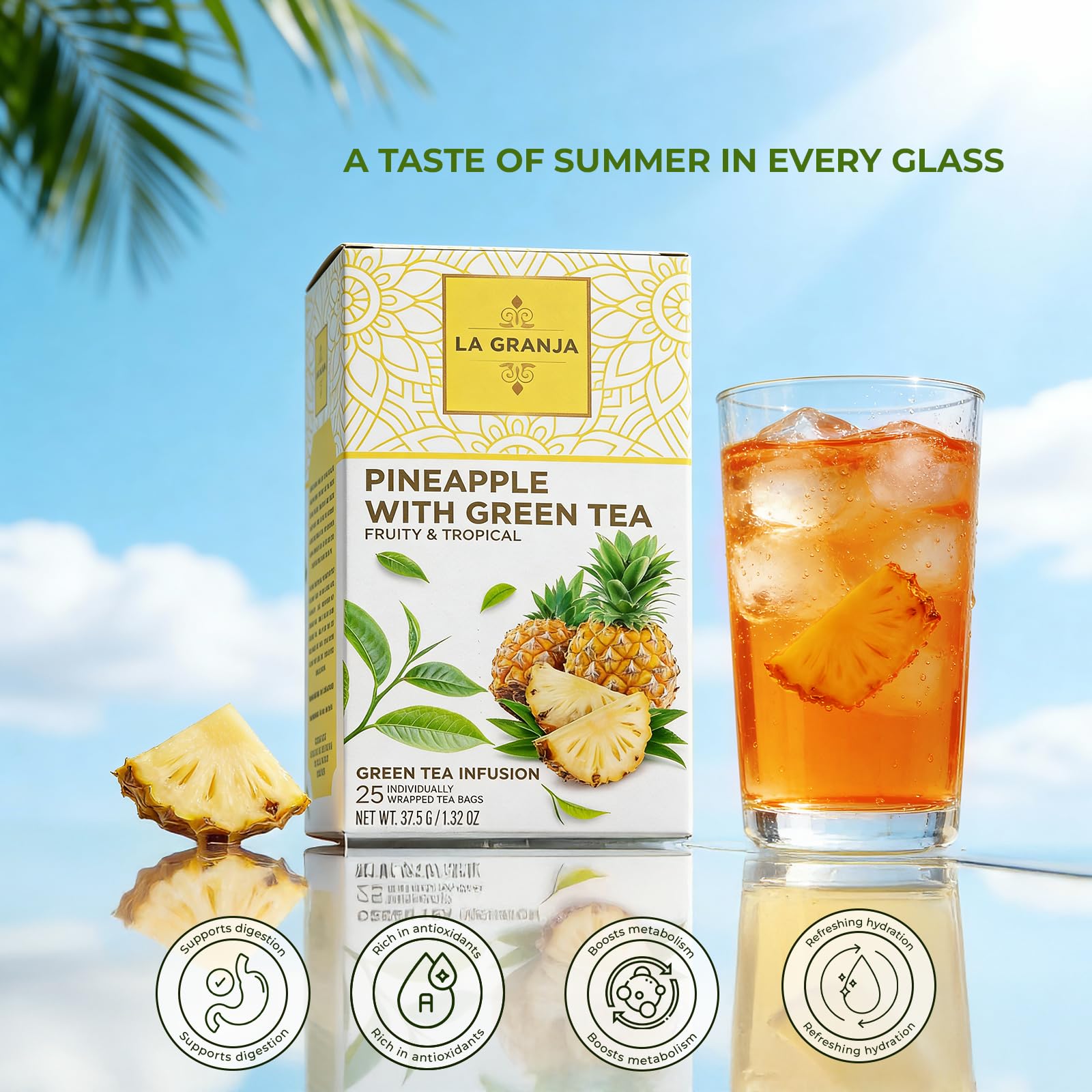 Life Plus Style Gourmet La Granja Pinapple Green Tea Premium Unsweetened Naturally Caffeinated Hot or Iced No Sugar Tropical Pineapple Fruity Gift