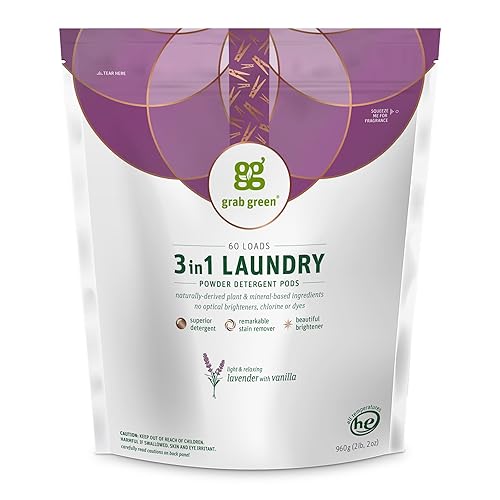 Grab Green Natural 3 in 1 Laundry Detergent Pods, Lavender + Vanilla-with Essential Oils, Organic Enzyme-Powered, Plant & Mineral-Based, White, 34 Oz