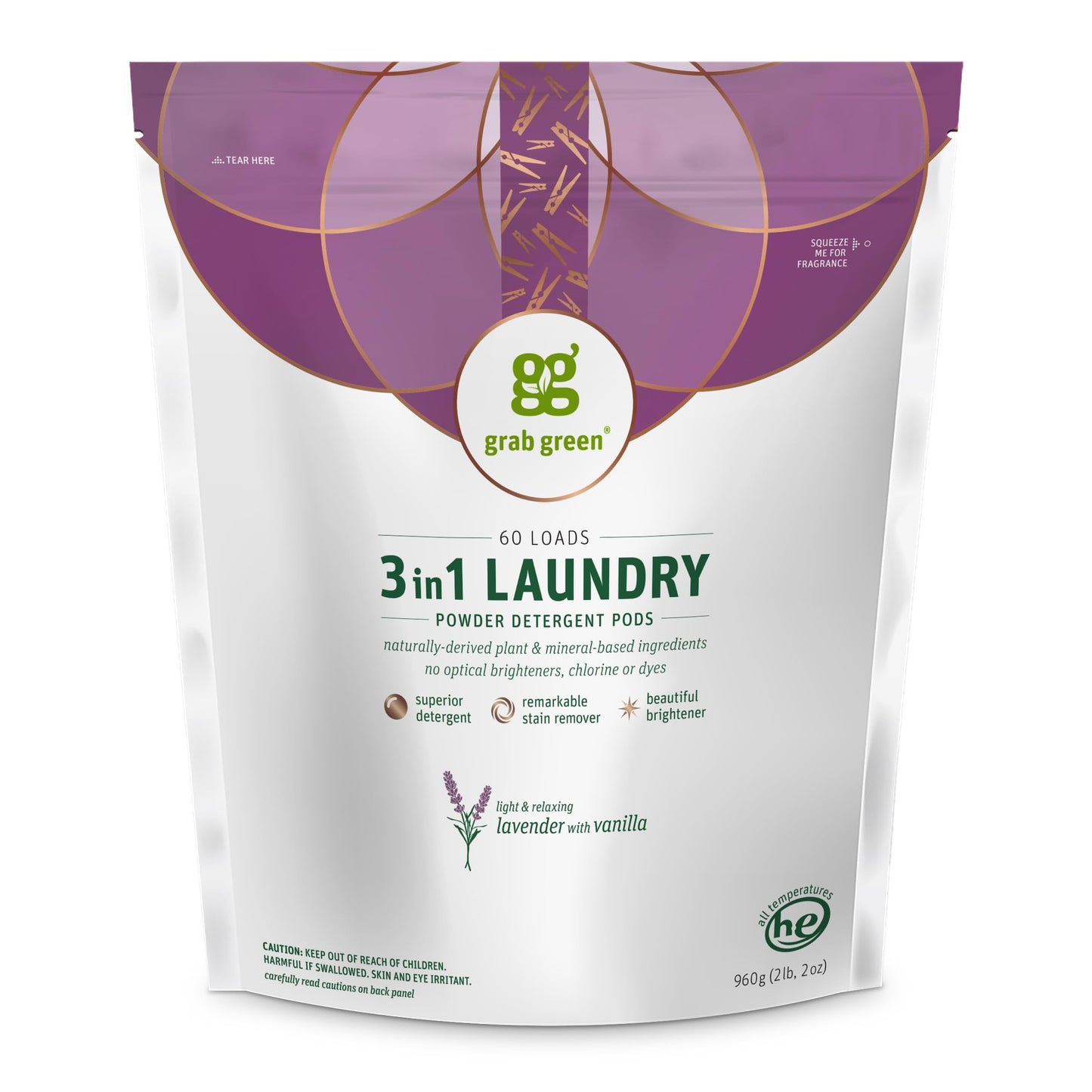 Grab Green Natural 3 in 1 Laundry Detergent Pods, Lavender + Vanilla-with Essential Oils, Organic Enzyme-Powered, Plant & Mineral-Based, White, 34 Oz