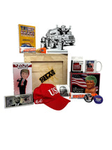 Love President Donald Trump Crate, Packed with Trump Gifts, Including Fake News Button, Hat, Bobble Head, Coffee Mug, Buttons, Card Game, Drain