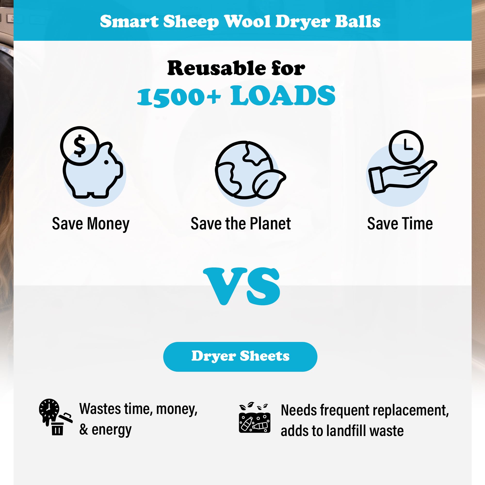 Wool Dryer Balls - Smart Sheep 3-Pack - XL Premium Natural Fabric Softener Award-Winning - Wool Balls Replaces Dryer Sheets - Laundry Balls