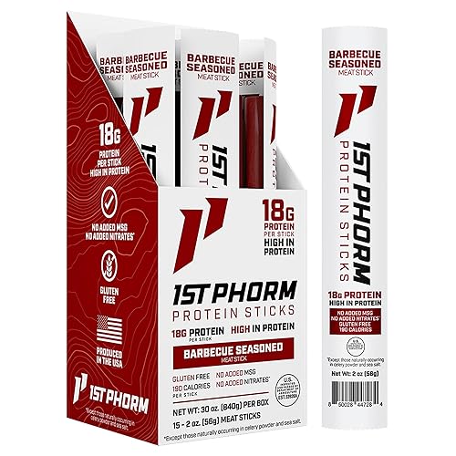 1st Phorm Meat Sticks, Seasoned BBQ Protein Snacks, 18g Protein Per Serving, Pork & Beef Sticks, Healthy Snacks On The Go, Gluten Free, Low Carb, Low