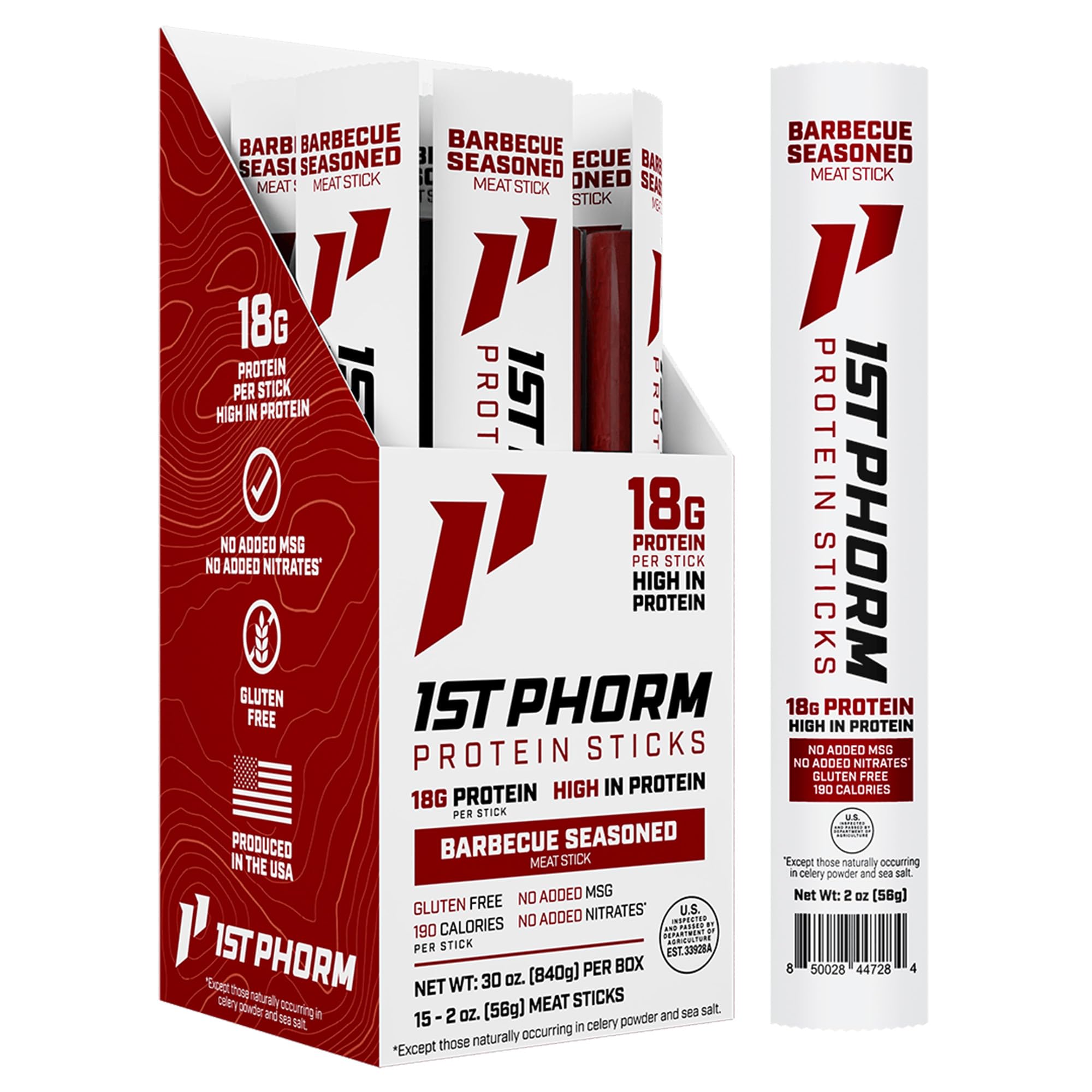 1st Phorm Meat Sticks, Seasoned BBQ Protein Snacks, 18g Protein Per Serving, Pork & Beef Sticks, Healthy Snacks On The Go, Gluten Free, Low Carb, Low