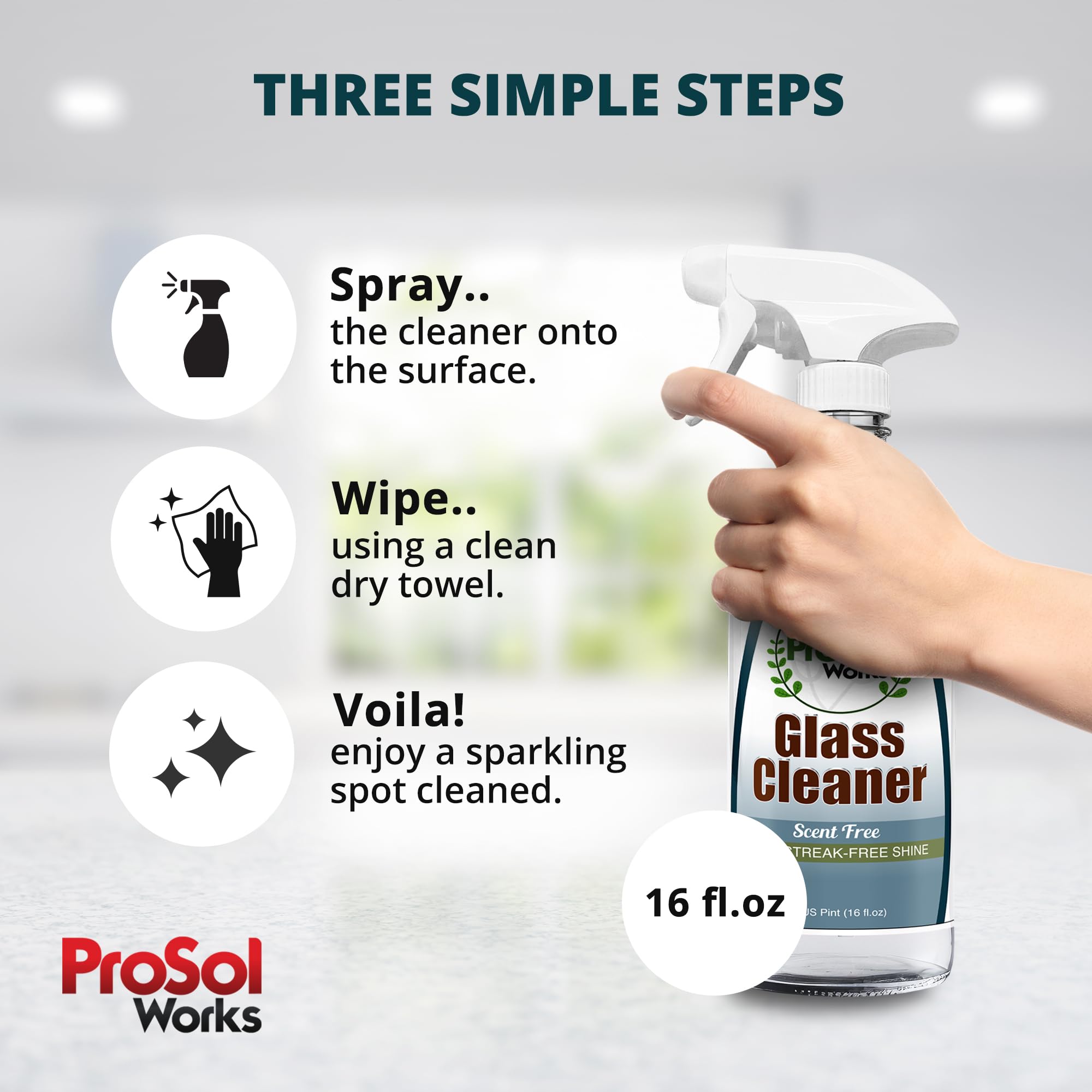 ProSol Works Glass Cleaner 16 oz - All Purpose Cleaning Spray for Glass Doors & Windows, Mirrors & Chrome Surfaces - Glasses Spray Helps Remove