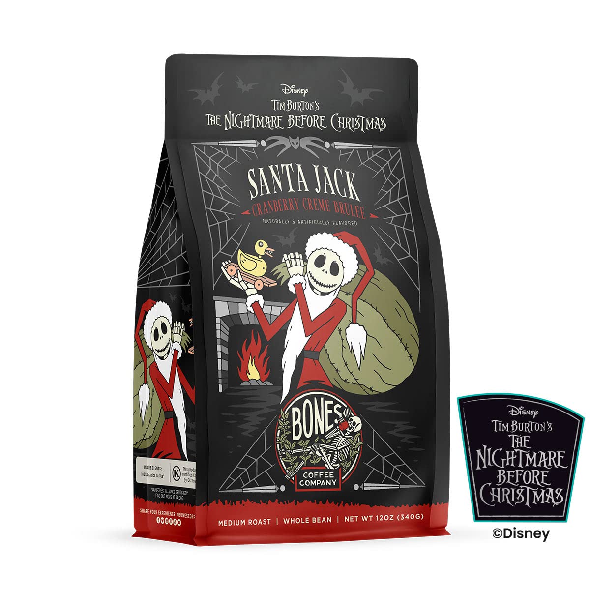 Bones Coffee Company The Nightmare Before Christmas Santa Jack Flavored Coffee Beans, Medium Roast Ground Coffee Low Acid, Cranberry Creme Brulee