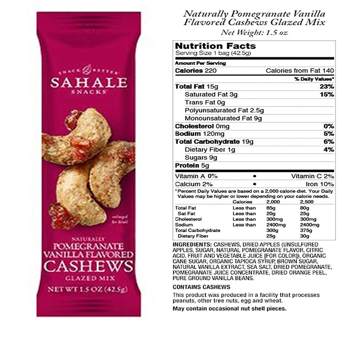 Sahale Snacks Pomegranate Vanilla Flavored Cashews Glazed Mix, 1.5 Ounces (Pack of 3)3