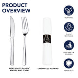 Party Essentials Party Supplies Wrapped Silverware Set Disposable, Pre Rolled Napkin and Cutlery, Forks/Knives Silver, 50 Units