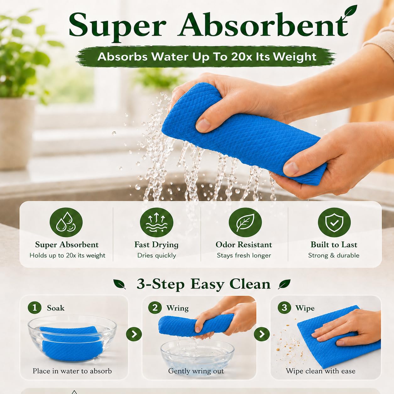 10 Pack Swedish Dishcloths for Kitchen | Reusable Paper Towels Washable, Non-Scratch Cellulose Sponge Cloths | Ultra Absorbent Dish Rags, No Odor