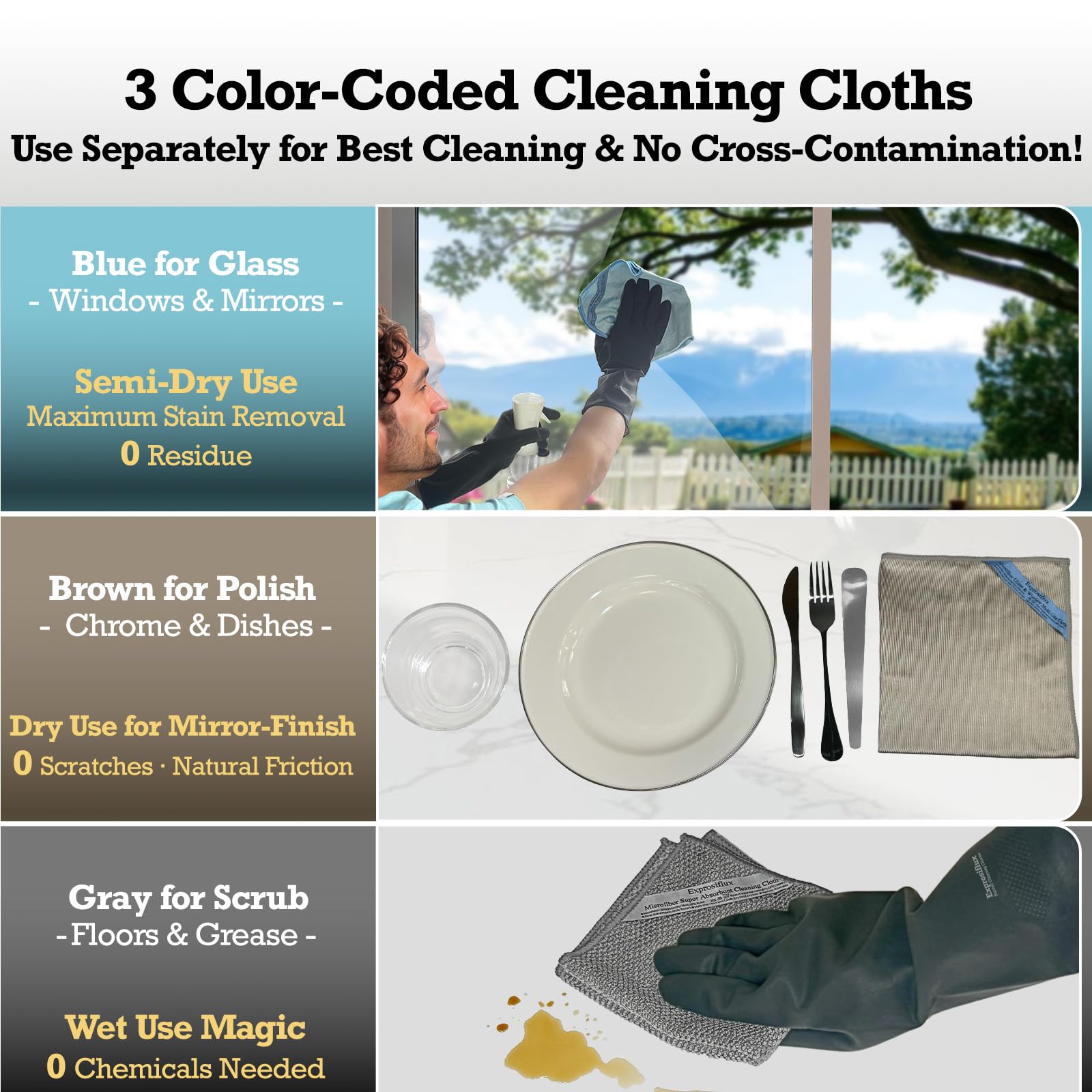 Exprosiflux Lint-Free Streak-Free Glass Cleaning Cloth 3-Pack - Microfiber Towels Polish & Scrub with Only Water for Windows, Cars, Mirrors - Blue