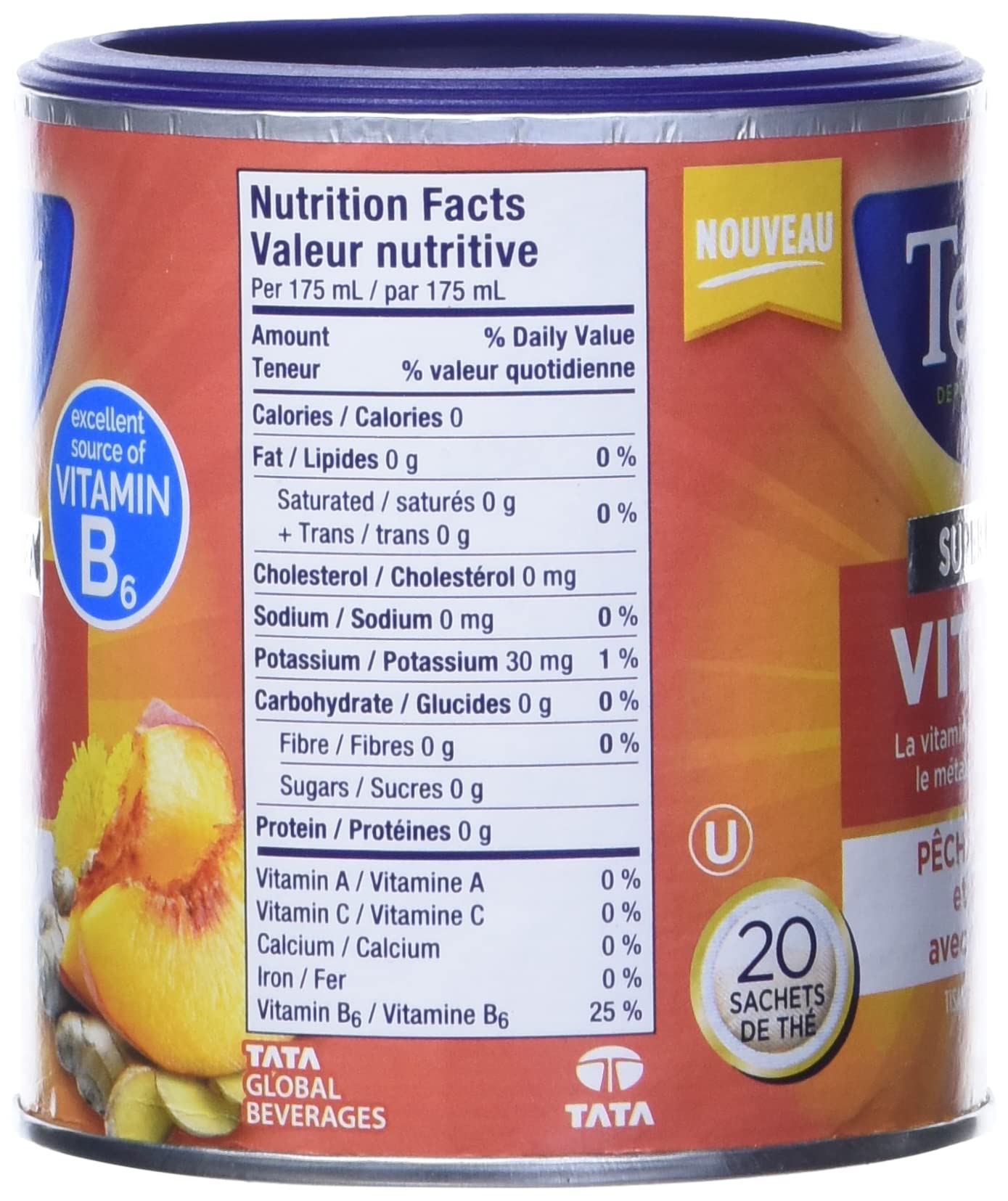 Tetley Super Herbal Tea Boost: Peach Ginger & Dandelion with Vitamin B6 - 20ct Imported from Canada