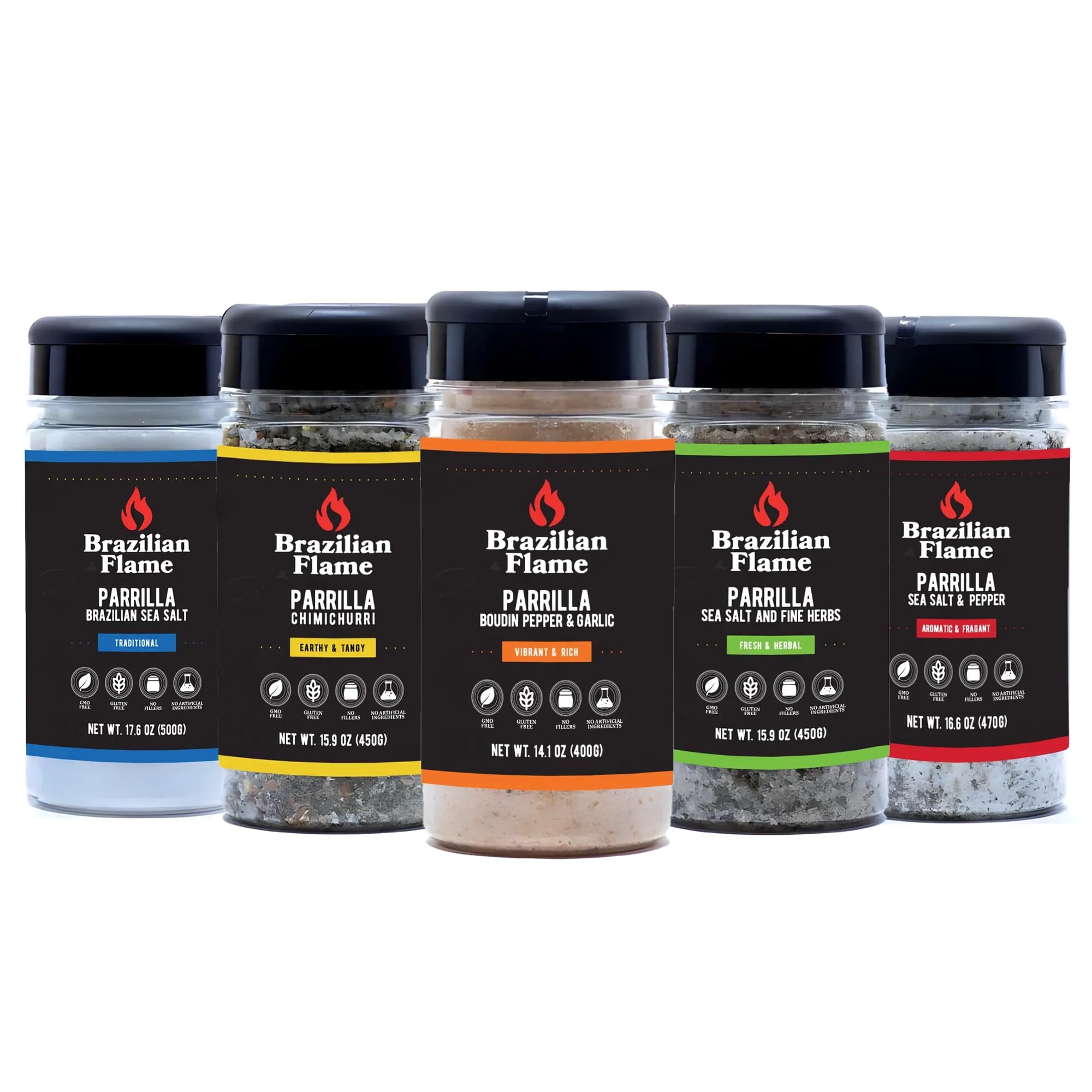 Brazilian Flame Parrilla Seasoning - Brazilian Flame Set - Sea Salt - Sea Salt & Pepper - Sea Salt & Fine Herbs - Boudin Pepper & Garlic - Chimichurri