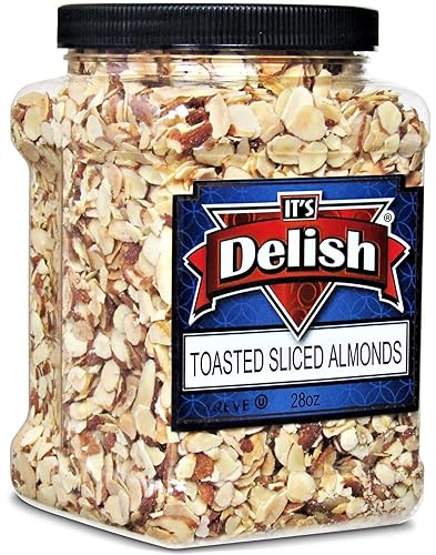 Gourmet Toasted Sliced Almonds by It's Delish - 28 Oz Bulk Reusable Jumbo Container - Premium Oven Fresh Dry Roasted - Healthy Snack, Topping