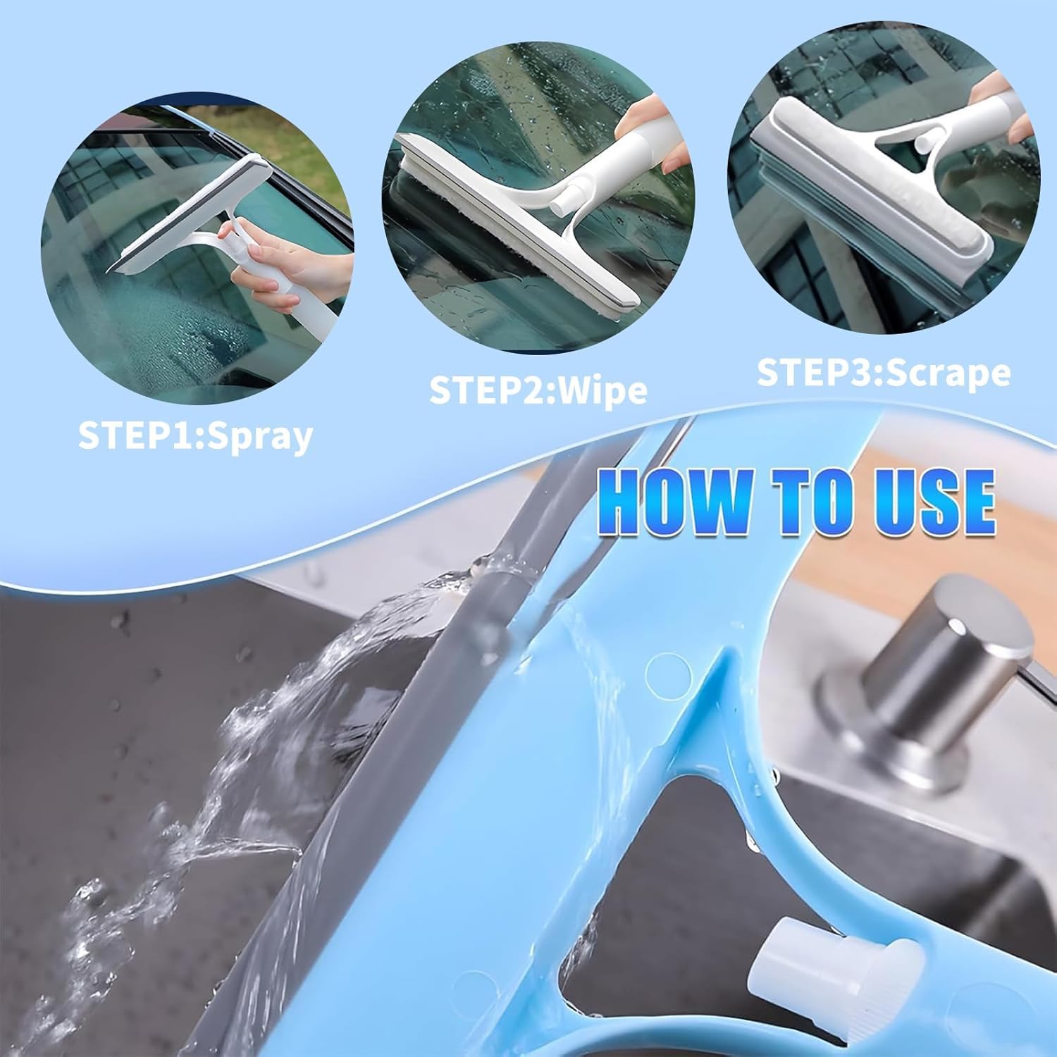 3-in-1 Window Cleaning Scraper with Built-in Spray Bottle, Squeegee and Brush | Multi-Surface Cleaning Tool | Perfect for Shower Glass, Mirrors