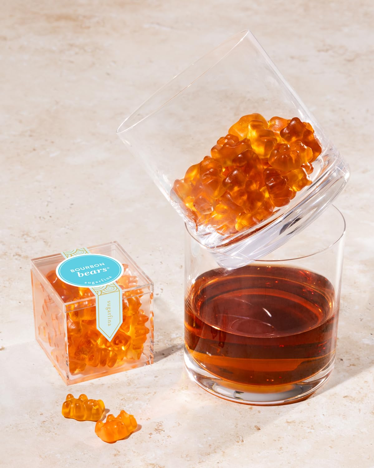 Sugarfina Bourbon Bears Small Candy Cube, 3.3 oz, 4 Count | Non-Alcoholic, Bourbon-Flavored Gummy Bears
