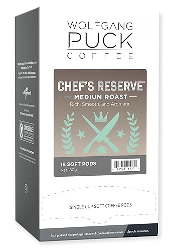 Wolfgang Puck Coffee, Chef's Reserve, Medium Roast, 9.5 Gram Soft Pods, 18 Count (Pack of 1)