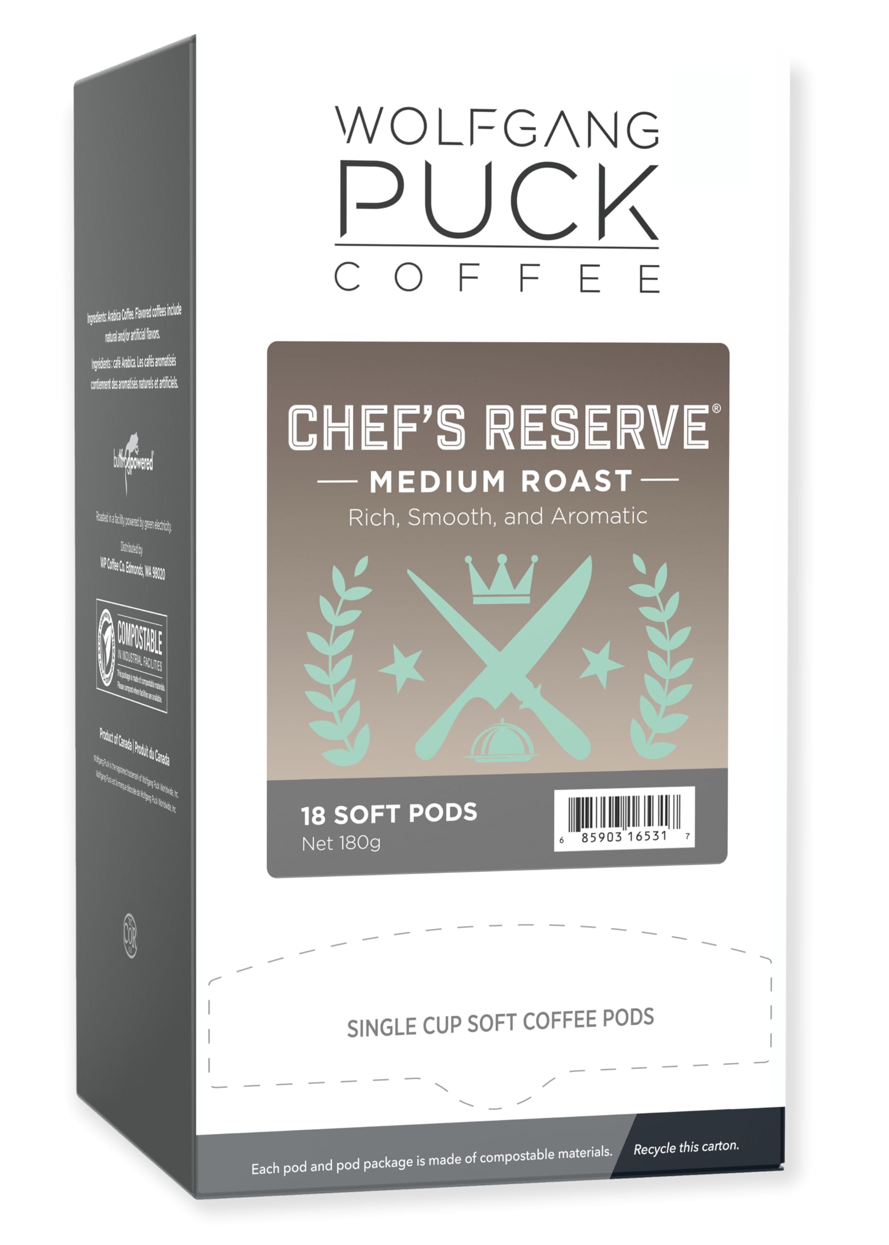 Wolfgang Puck Coffee, Chef's Reserve, Medium Roast, 9.5 Gram Soft Pods, 18-Count (Pack of 3)