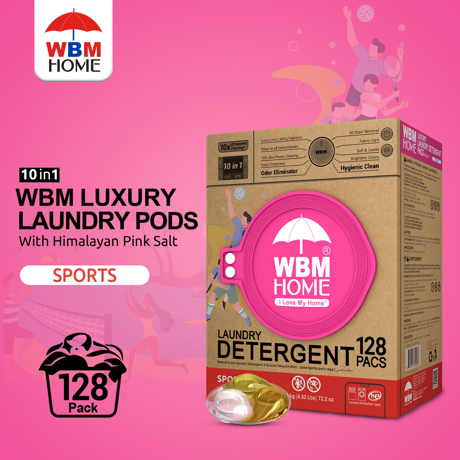 WBM Laundry Detergent Pods, Autumn Scent - 128 Pods in Recycleable Packaging for 10x Ultra Power Cleaning, Odor Defense for Activewear & Sports Shirts