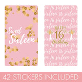 DISTINCTIVS Pink and Gold Sweet 16 Mini Candy Bar Wrappers - 42 Count - Sweet Sixteen Birthday Party Favors for Girls