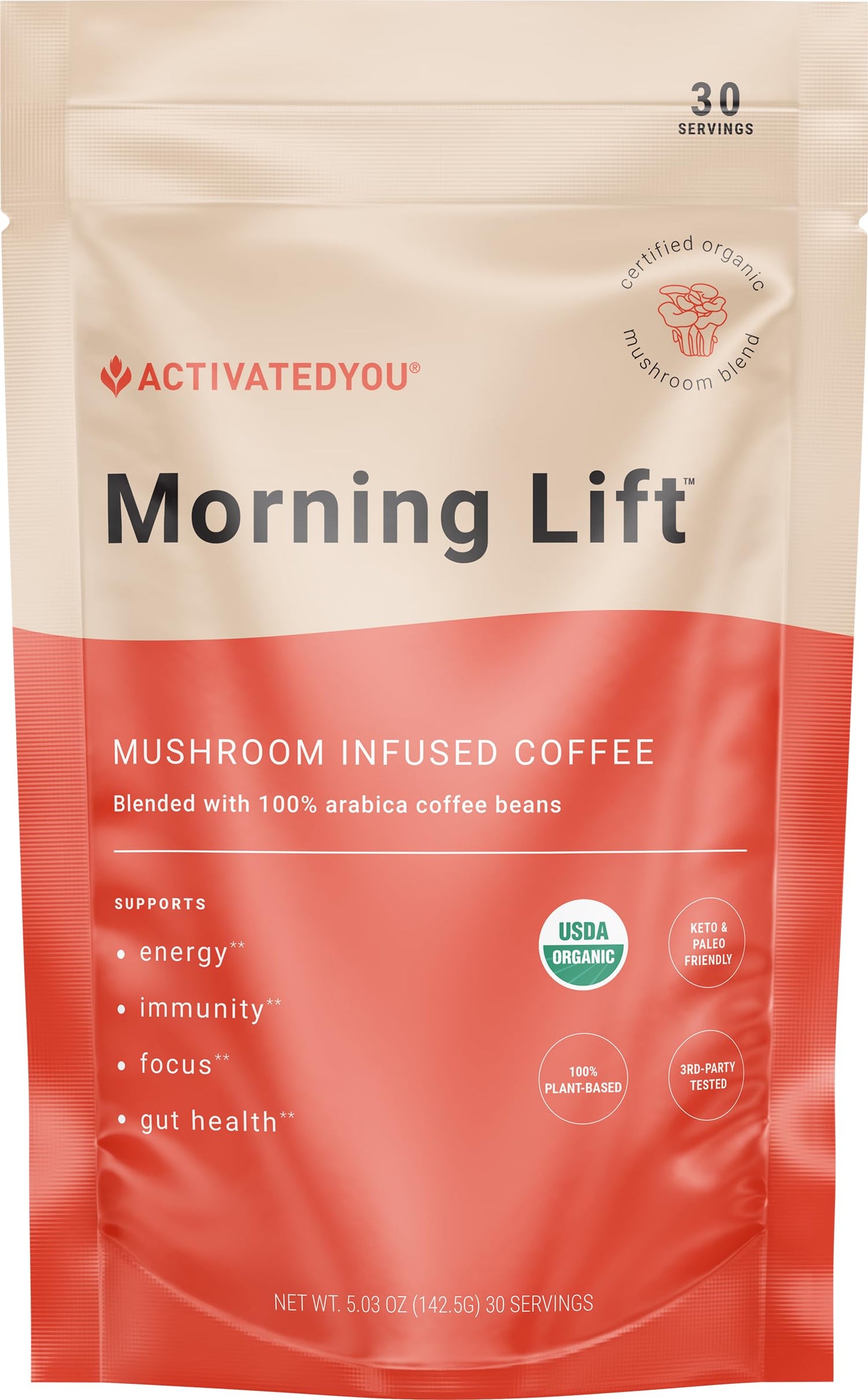 ActivatedYou Morning Lift Mushroom Infused Coffee - Certified Organic, Plant Based Mushroom Coffee Instant Blend Made with Lion's Mane & Cordyceps