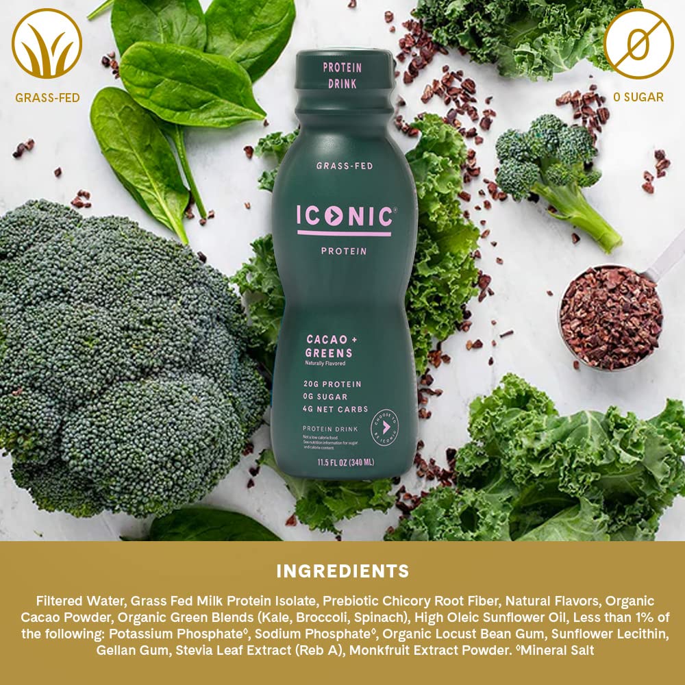 ICONIC Protein Shake, Cacao + Greens (12 Pack) - 20g Grass-Fed Protein Drink - Low Carb, Sugar Free, Keto Friendly - Lactose Free, High Protein Snack