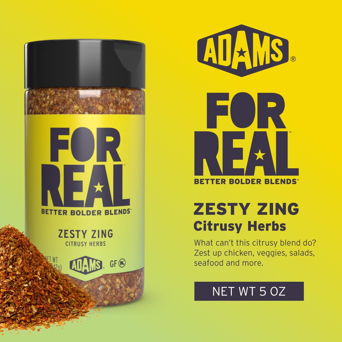 FOR REAL Zesty Zing Seasoning - Citrusy Herb Blend with Lemon, Lime & Tangerine Peel - Gluten Free, Kosher, No Seed Oils or MSG - Bright Flavor