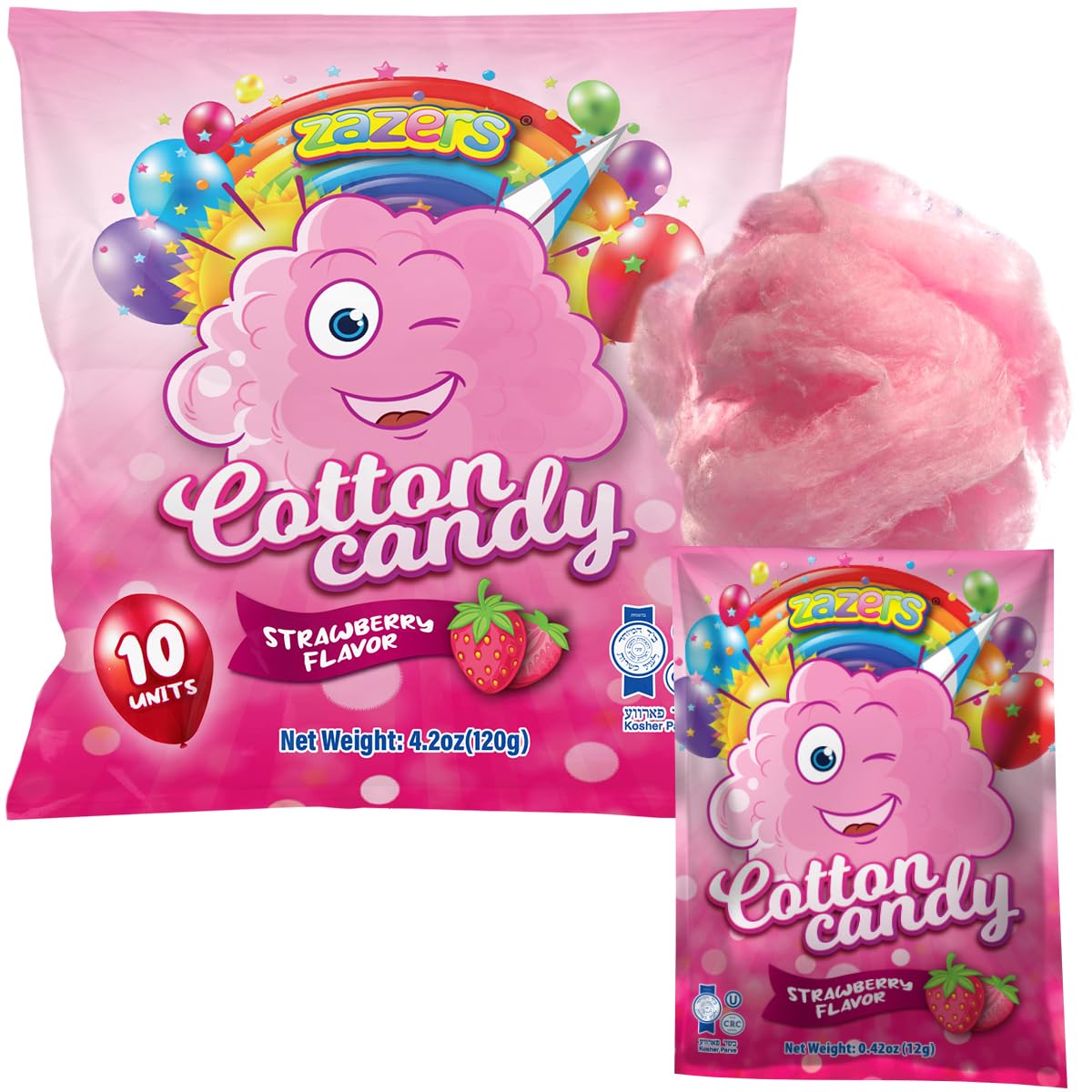 Cotton Candy 10 Pack, 10 Bags each 0.42oz, Strawberry Mini Pink cotton candy Individually Wrapped for Parties & Favors, Enjoy Fluffiness of kosher