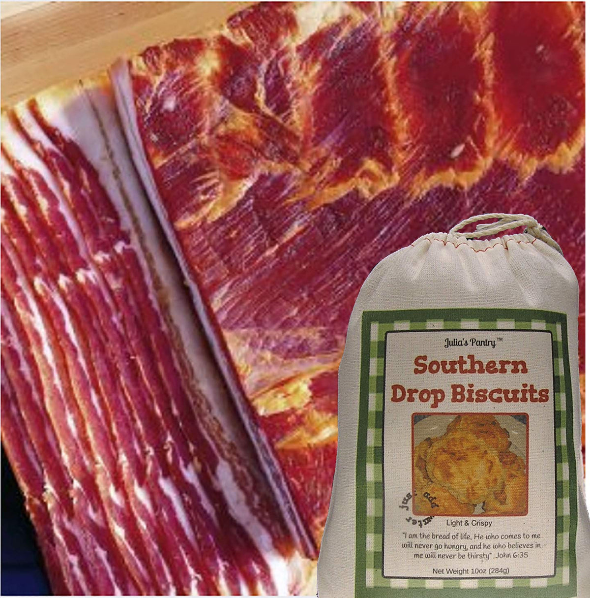 Julia's Southern Foods Old-Fashioned Country Cured and Smoked Applewood Slab Bacon 4 to 5 Lbs and 10oz Drop Biscuit Mix