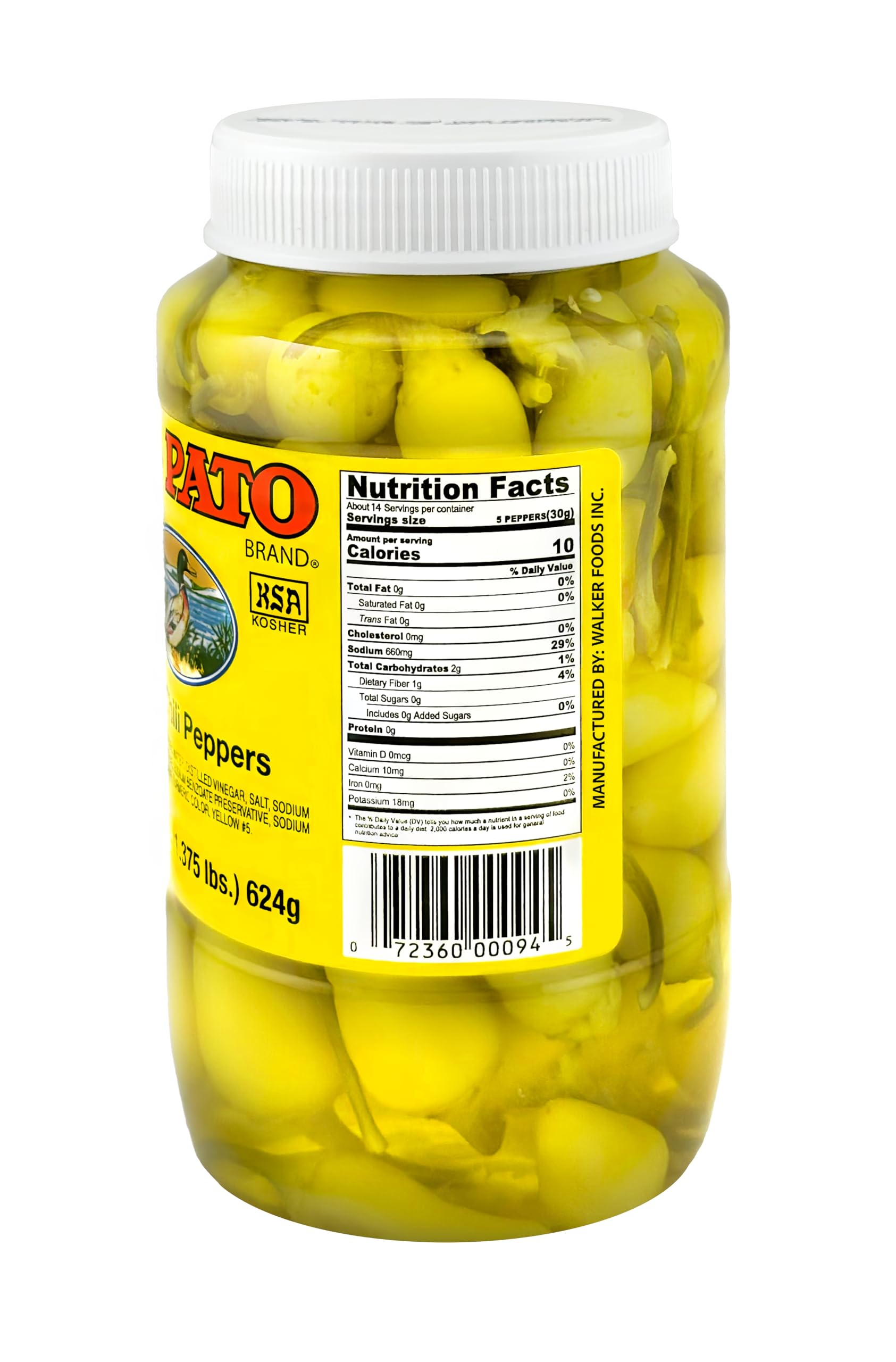 El Pato Hot Chili Peppers 22oz Pickled Yellow Chili Peppers 624g Kosher
