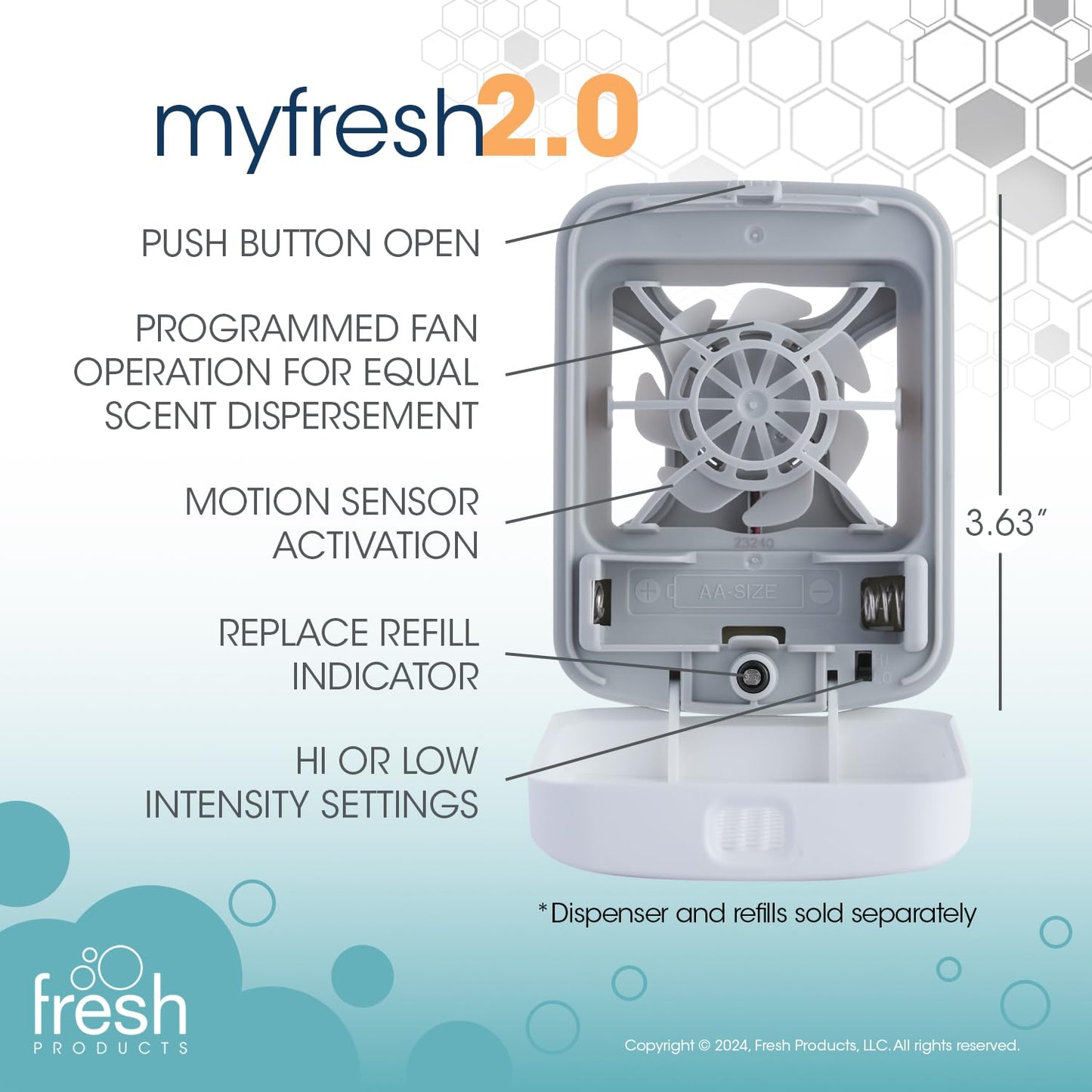 Fresh Products myfresh 2.0 Personal Air Freshener with Dry Fragrance Technology for Small Spaces Compact Design Motion Sensor Battery Operated White
