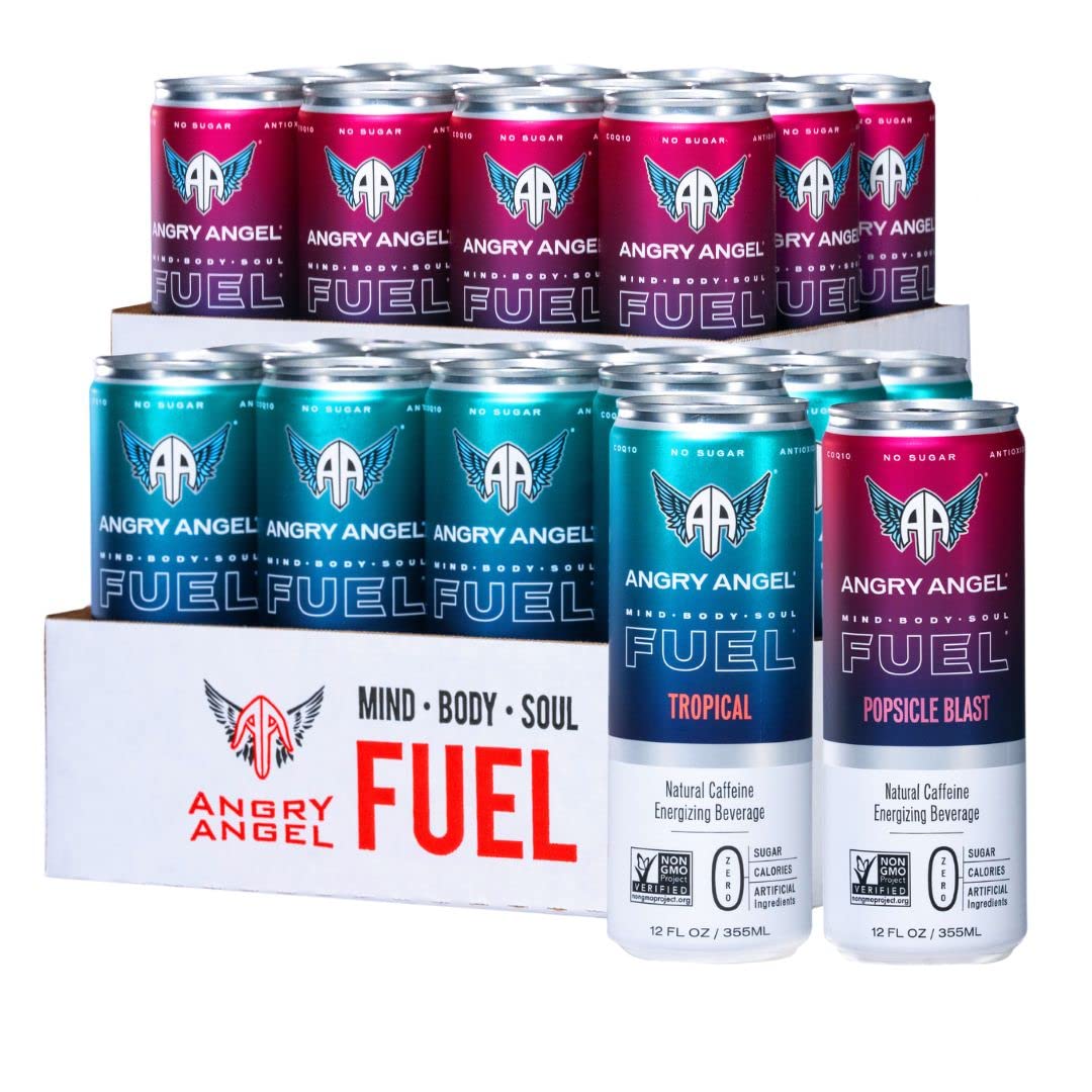 Angry Angel Ice Pop Blast & Tropical Natural Energy Drink - (24 count) Mixed Pack - Zero Sugar - CoQ10 - Important B Vitamins - 12 oz Cans