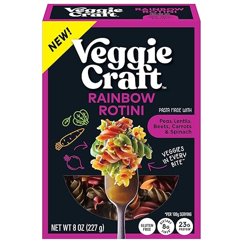 Veggiecraft Farms Rainbow Rotini Pasta - Lentil Protein Pasta with Pea & Spinach, Gluten Free Noodles, High Fiber, Vegan, 23 g Protein Per Serving - 8