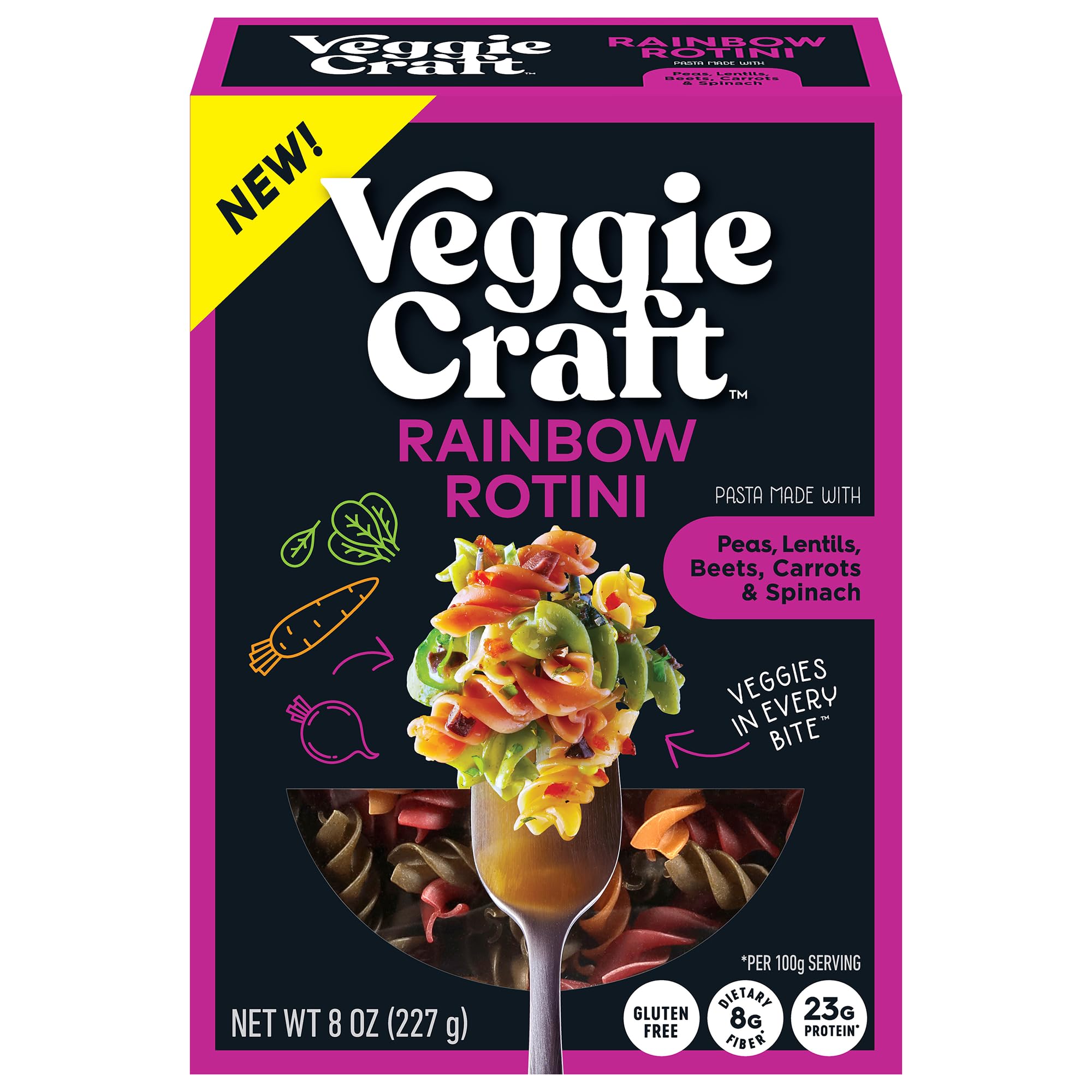 Veggiecraft Farms Rainbow Rotini Pasta - Lentil Protein Pasta with Pea & Spinach, Gluten Free Noodles, High Fiber, Vegan, 23 g Protein Per Serving - 8