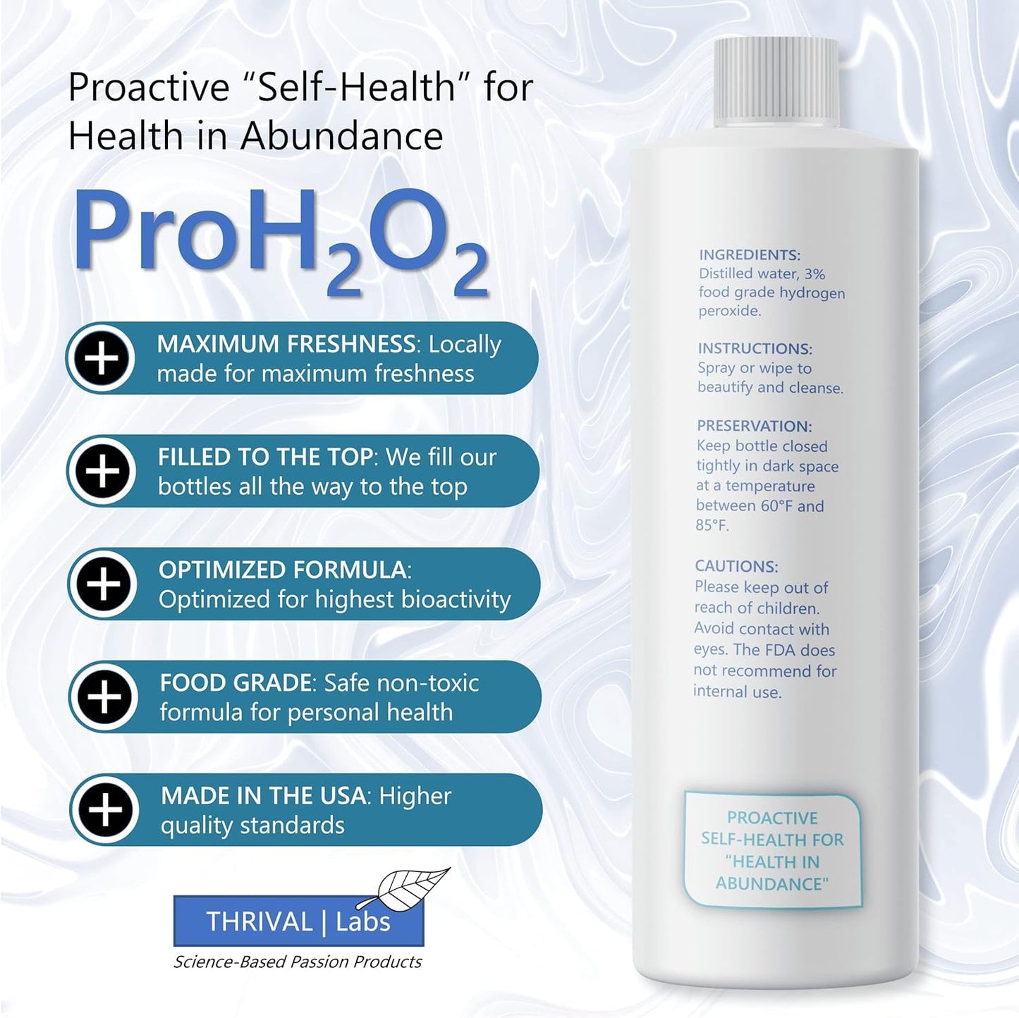 Thrival Labs ProH2O2 3% Food Grade Hydrogen Peroxide - Natural Cleaner & Disinfectant - Suitable for Household Use - Ideal for Cleaning, Sanitizing