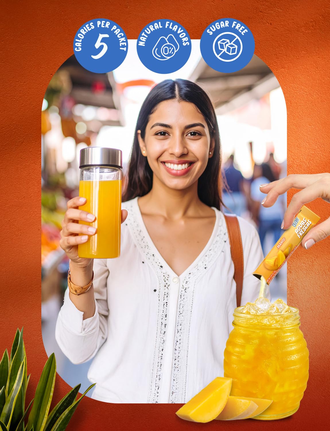 Klass Aguas Frescas, Powdered Drink Mix, 40 Singles Zero Sugar & Caffeine-Free Powder Packets, Water Drink Mix, Flavor: Mango - 5 Calories Per Packet