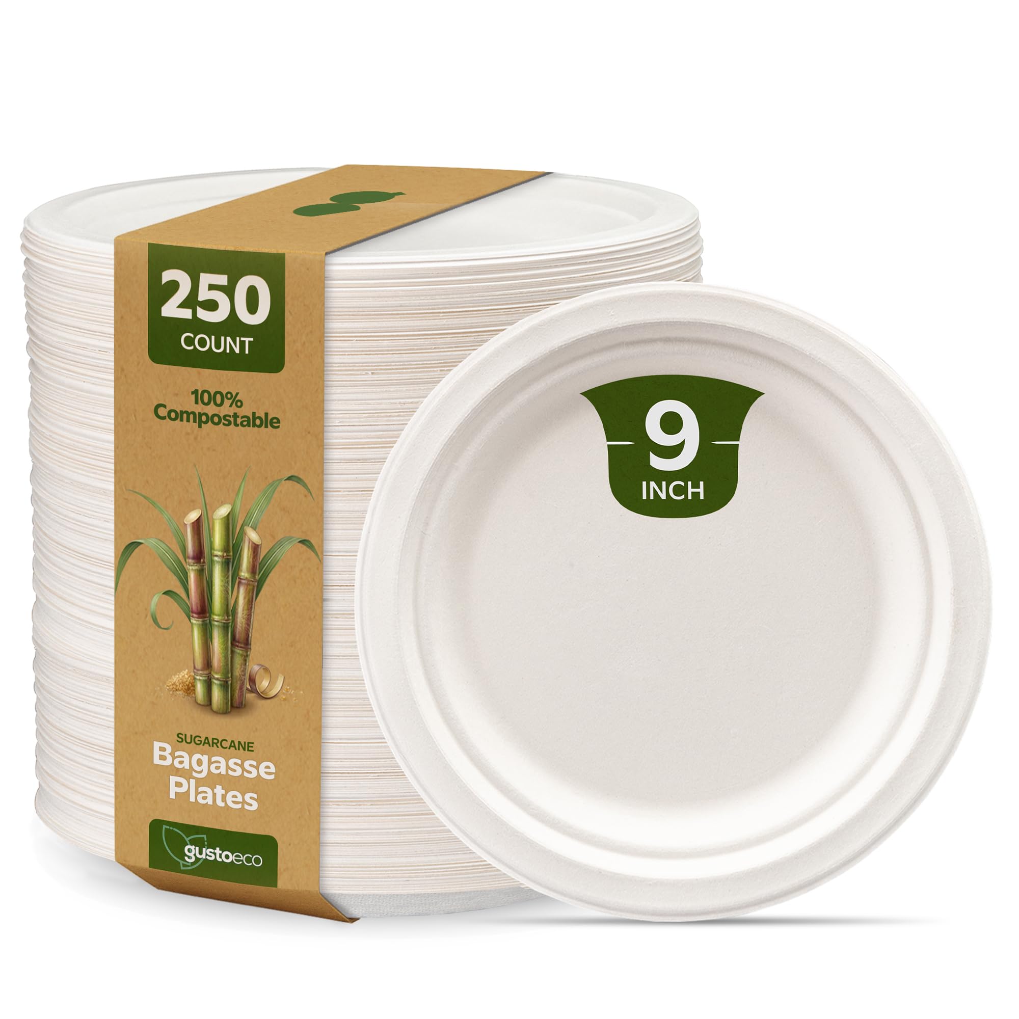 GUSTO 100% Compostable 9 Inch Paper Plates [250 Count] White Heavy Duty Disposable Dinnerware - Sugarcane Bagasse, Eco-Friendly & Biodegradable