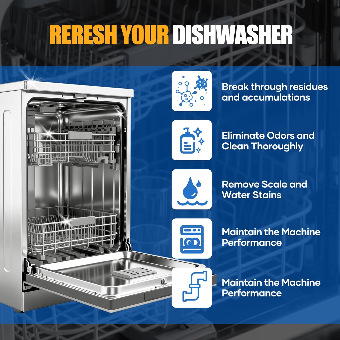 Dishwasher Cleaner Tablets - Dishwasher Cleaner And Deodorizer Tablets Lemon Scented, Heavy Duty Deep Clean Descaler Pods for Septic Safe, Prevents