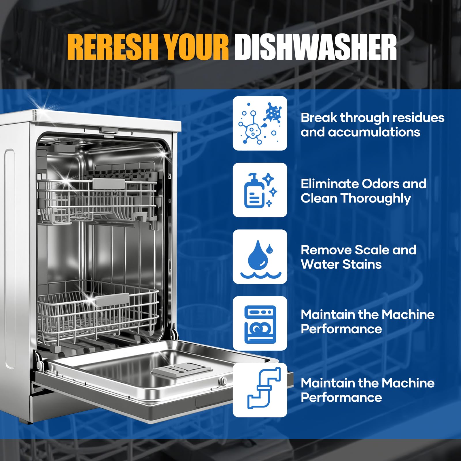 Dishwasher Cleaner Tablets - Dishwasher Cleaner And Deodorizer Tablets Lemon Scented, Heavy Duty Deep Clean Descaler Pods for Septic Safe, Prevents